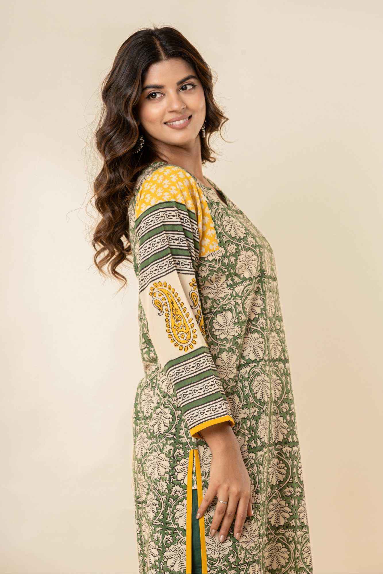 Green & Yellow Bagru Print Cotton Kurta Set