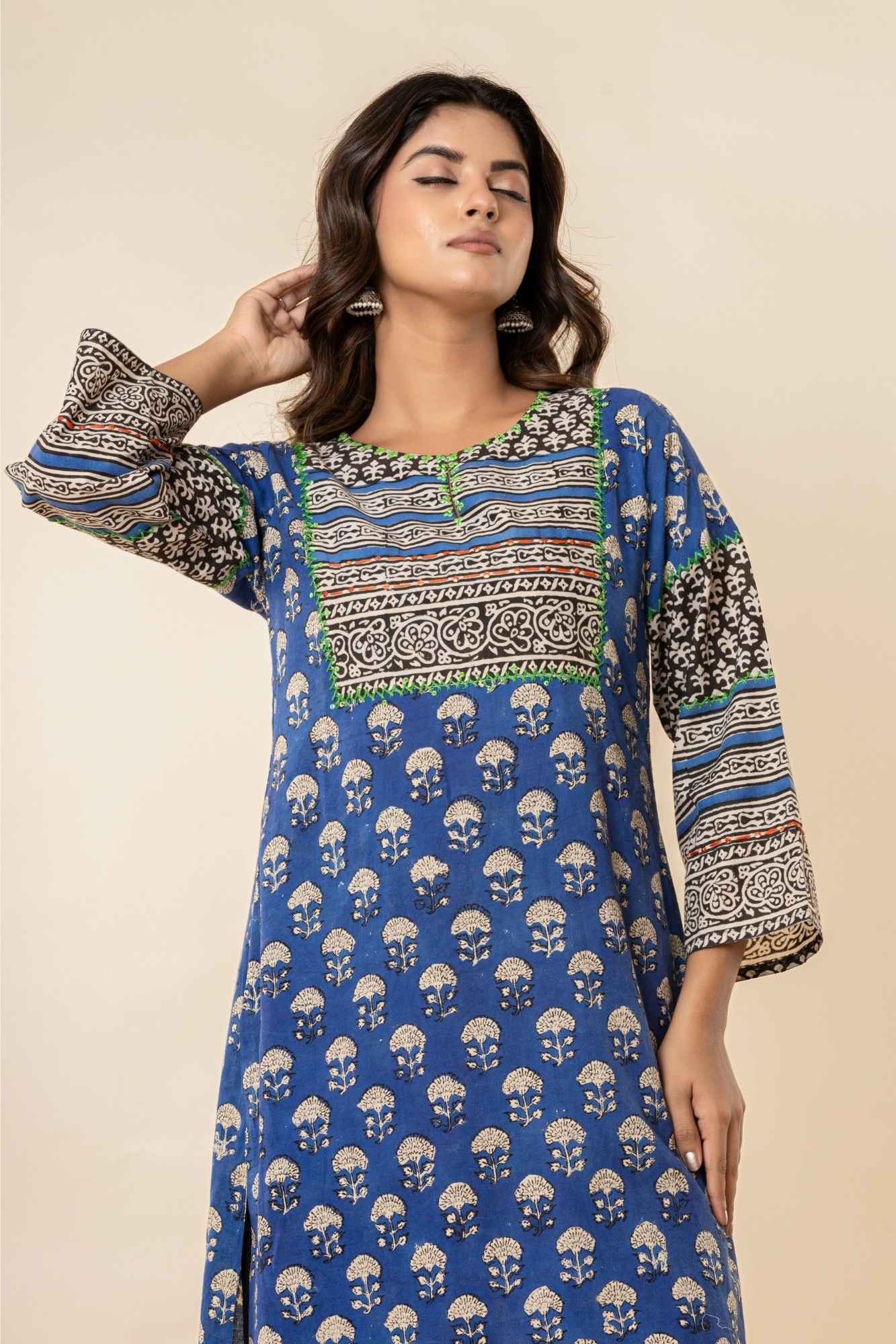 Blue Sanganeri Print Straight Cotton Kurta