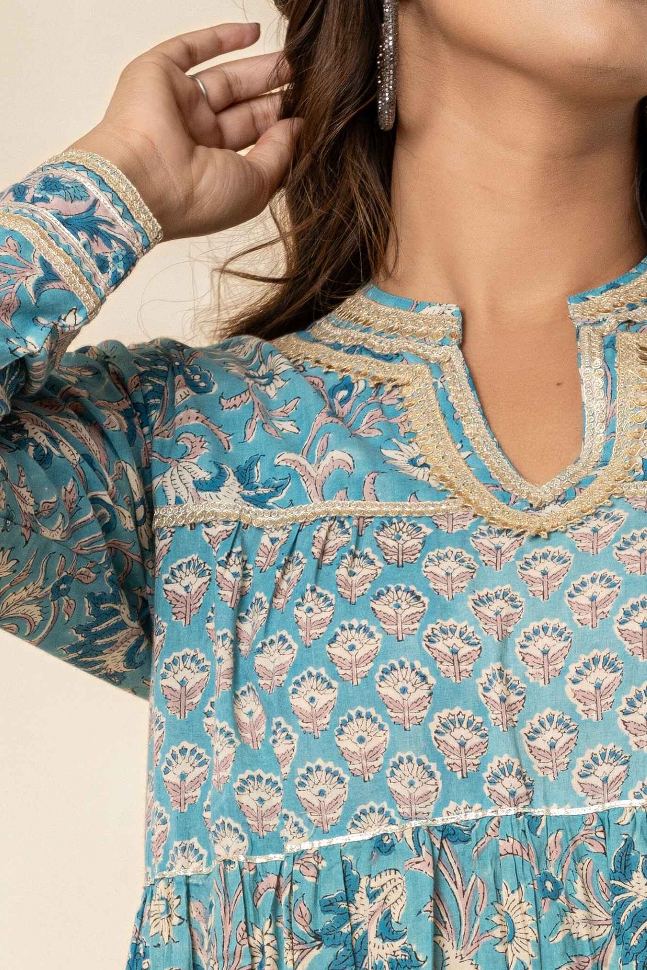 Blue Block Print Tiered Dress