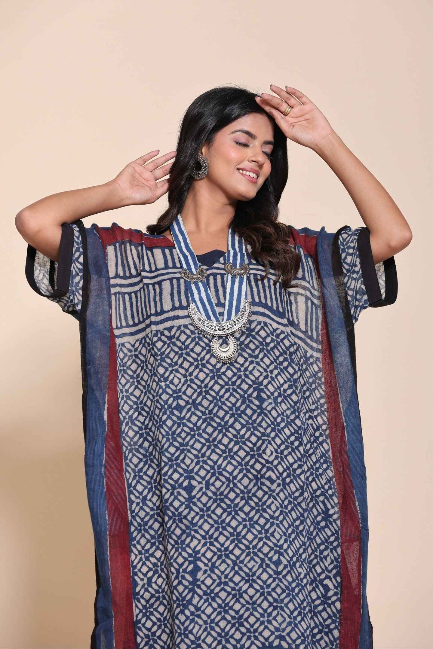 Naksh Pure Linen Free Size Blue Kaftan-Dress With Customizable Inner