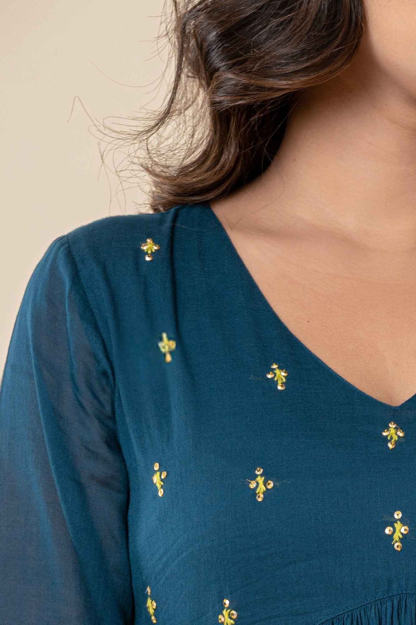 Teal Blue Kurti Pant Set with Vanaspati printed Dupatta (Set of 3)