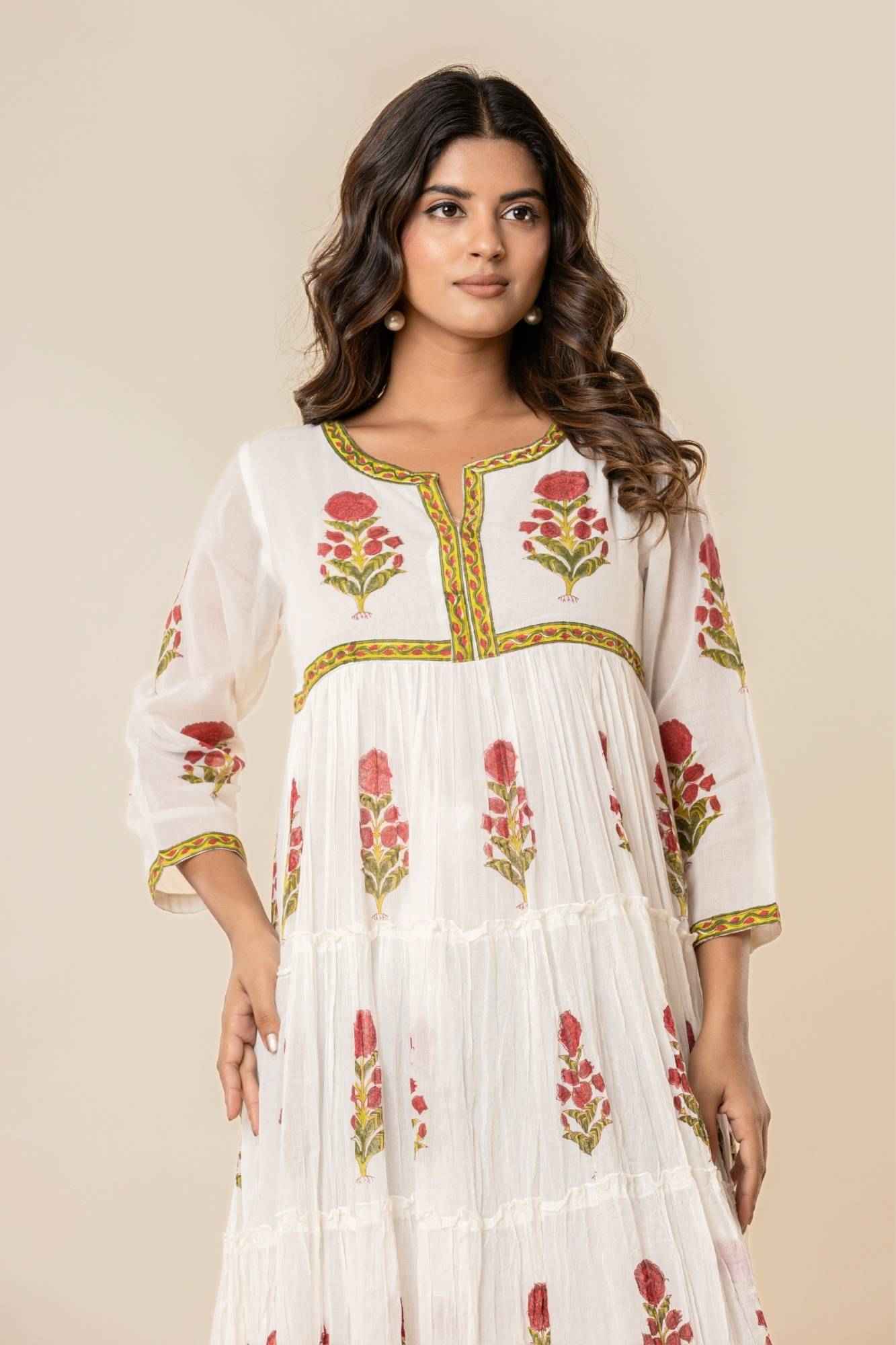 White Floral Block Print Mul Mul Tiered Kurta