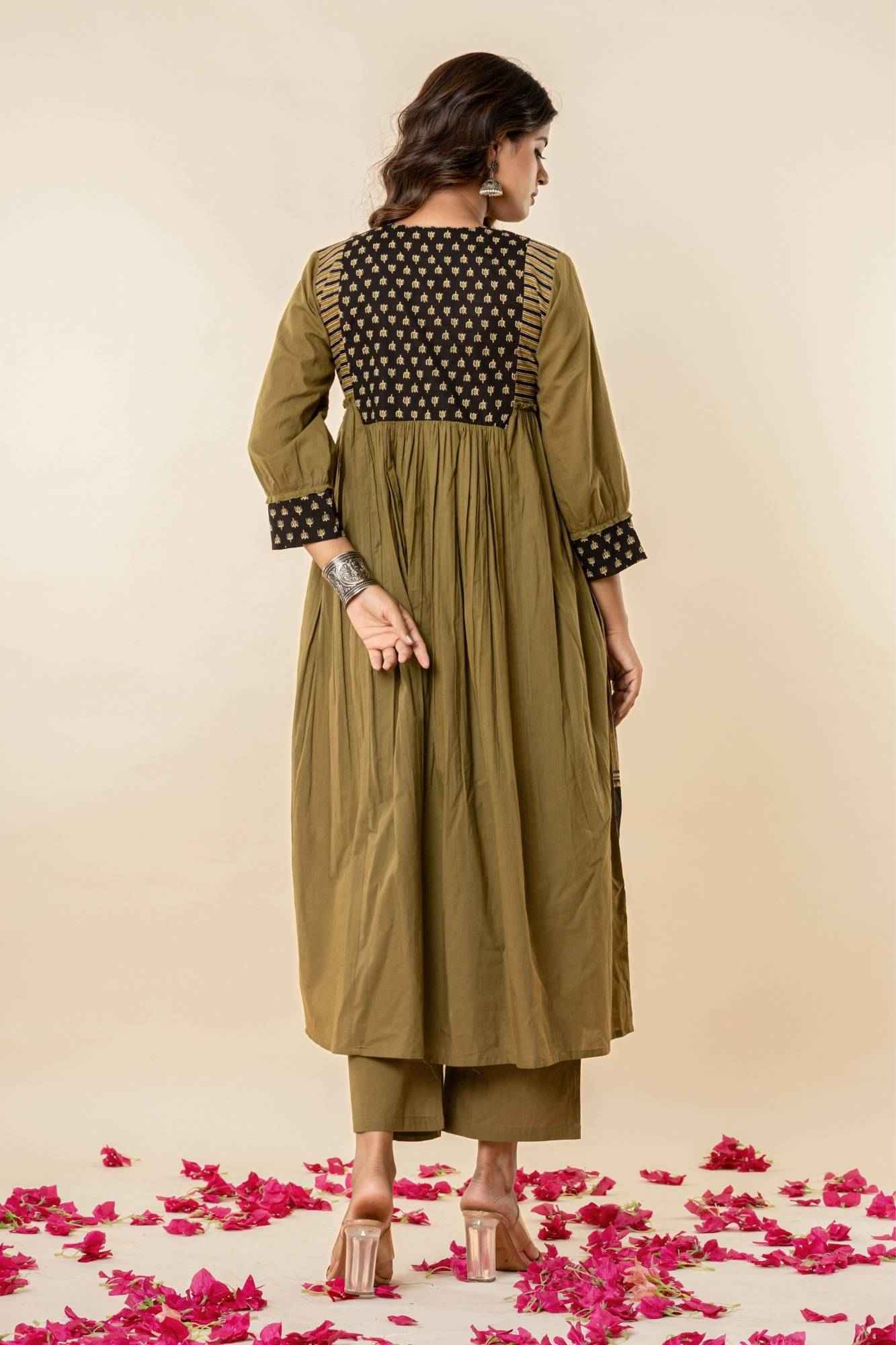 Olive Gathered Kurta Set with Tassels