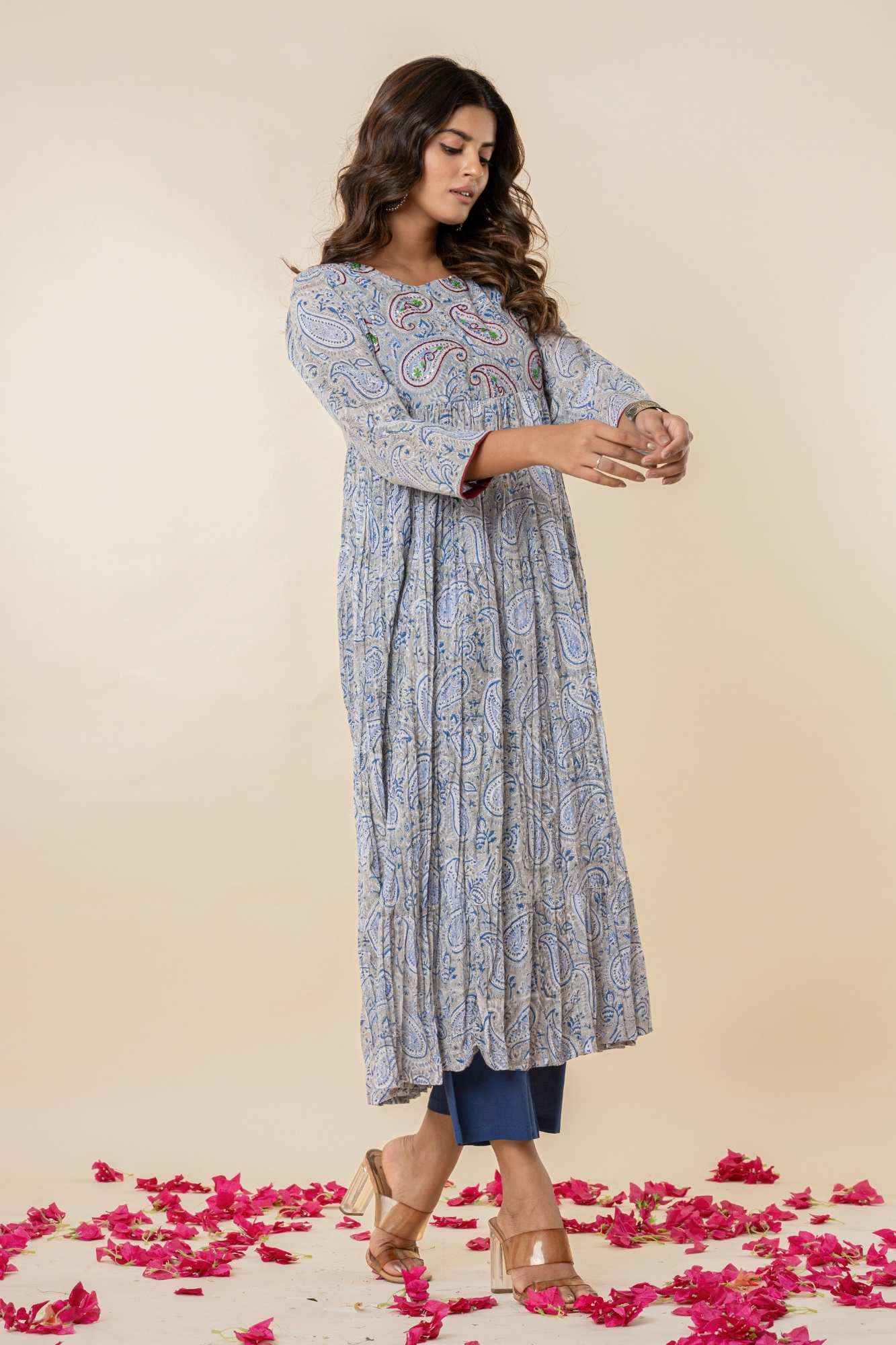 Grey-Blue Block Print Gathered Kurta Set