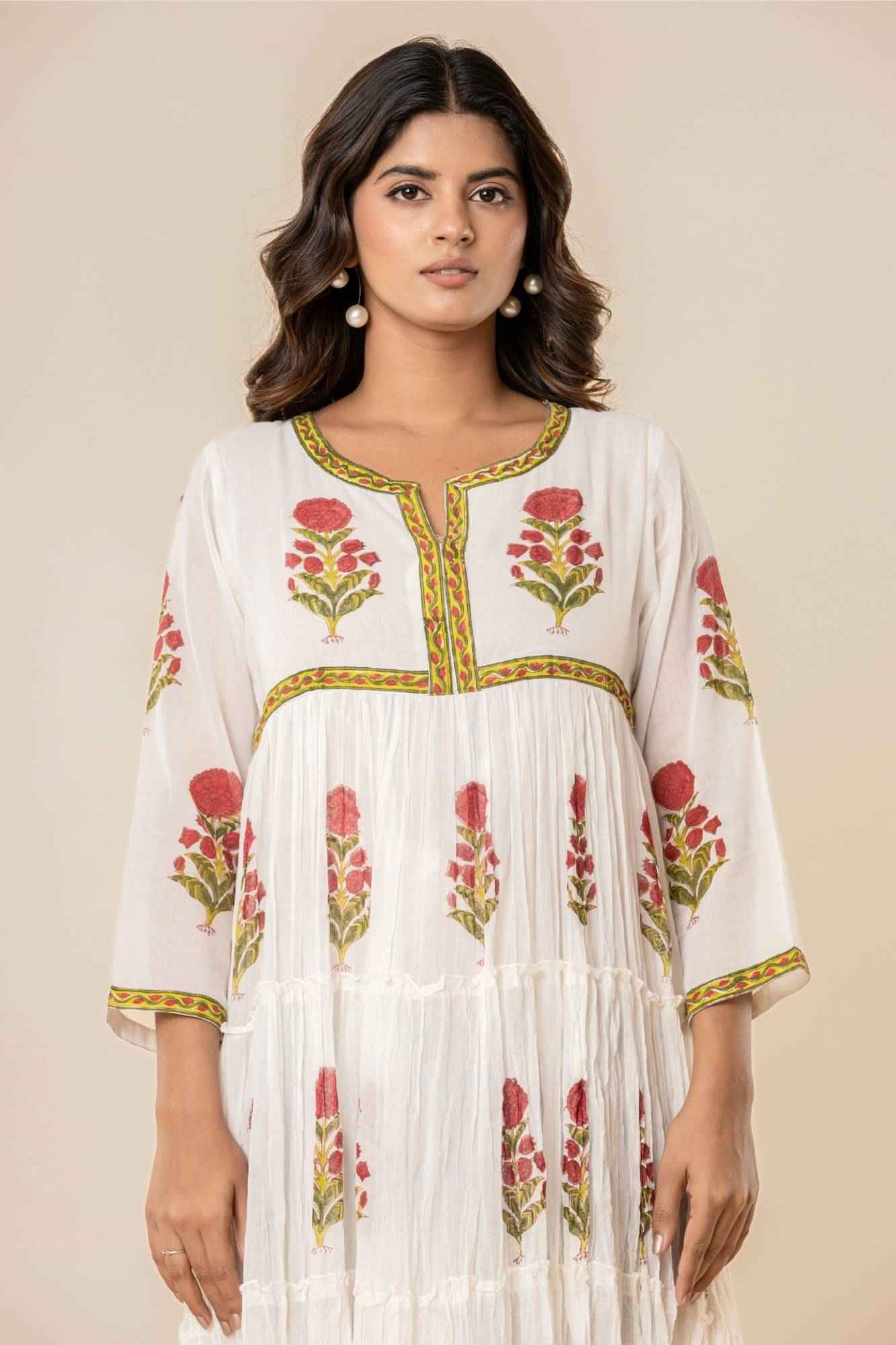 White Floral Block Print Mul Mul Tiered Kurta