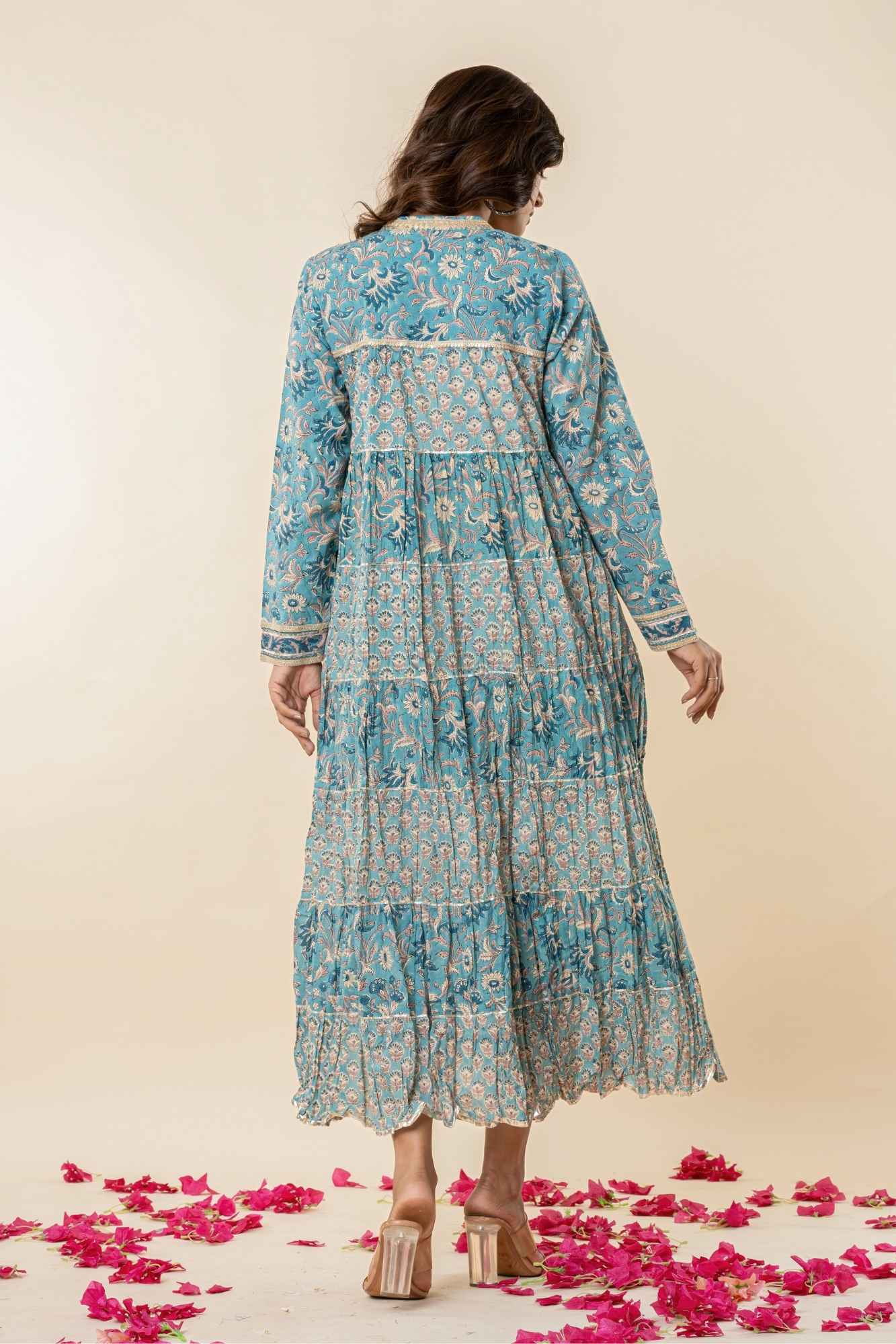 Blue Block Print Tiered Dress