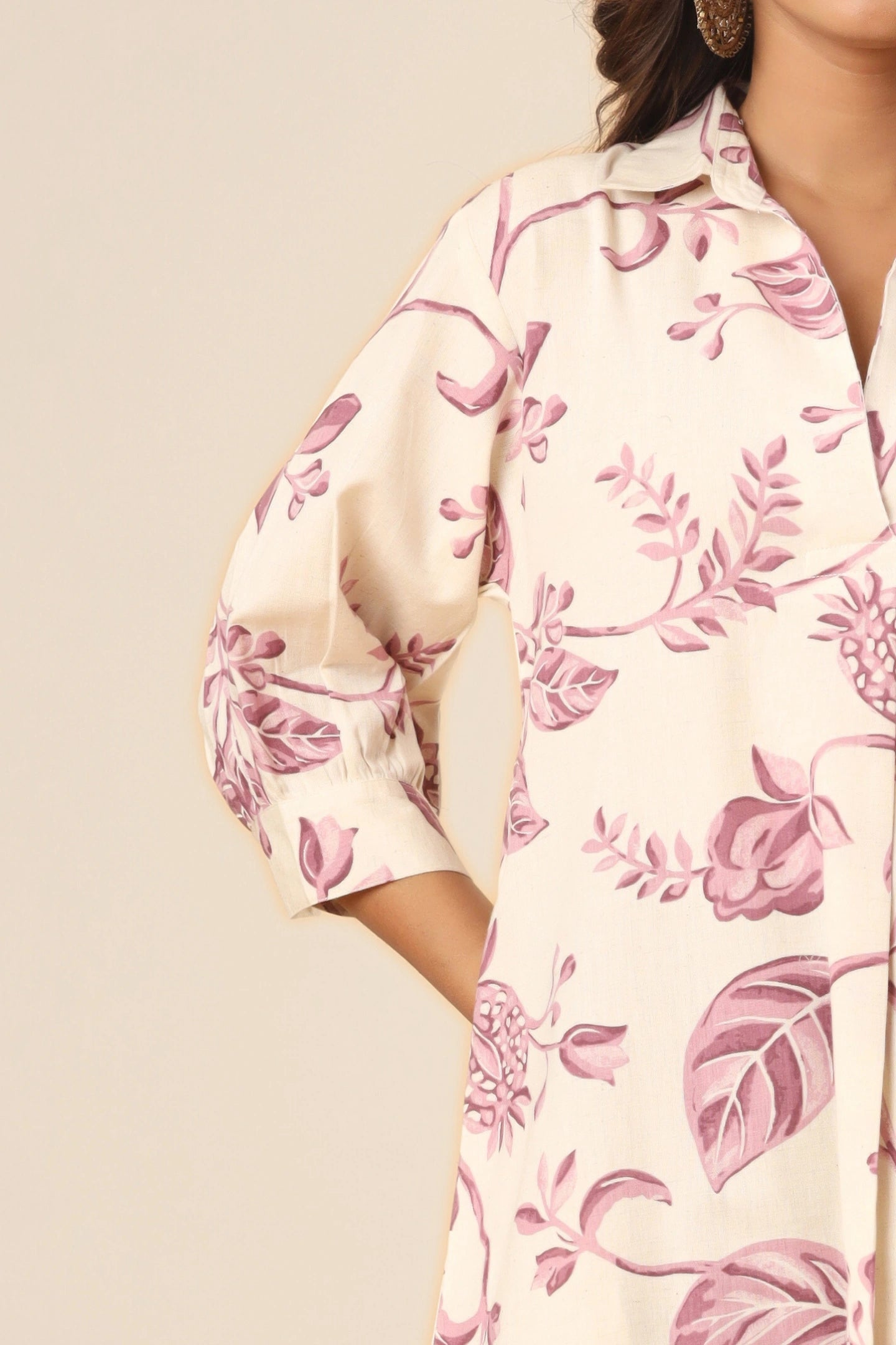 Gulnaar Floral A-Line Kurti – Earth Beige (Pants included)