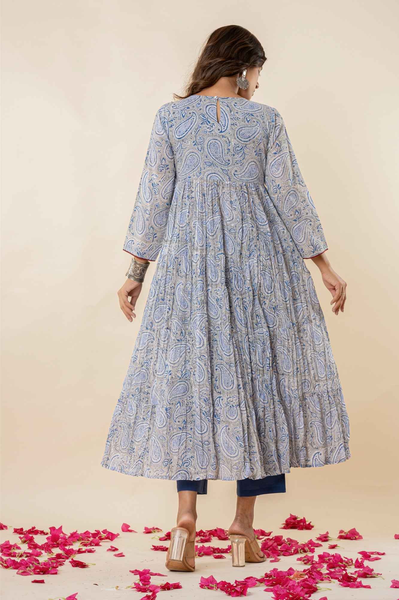 Grey-Blue Block Print Gathered Kurta Set