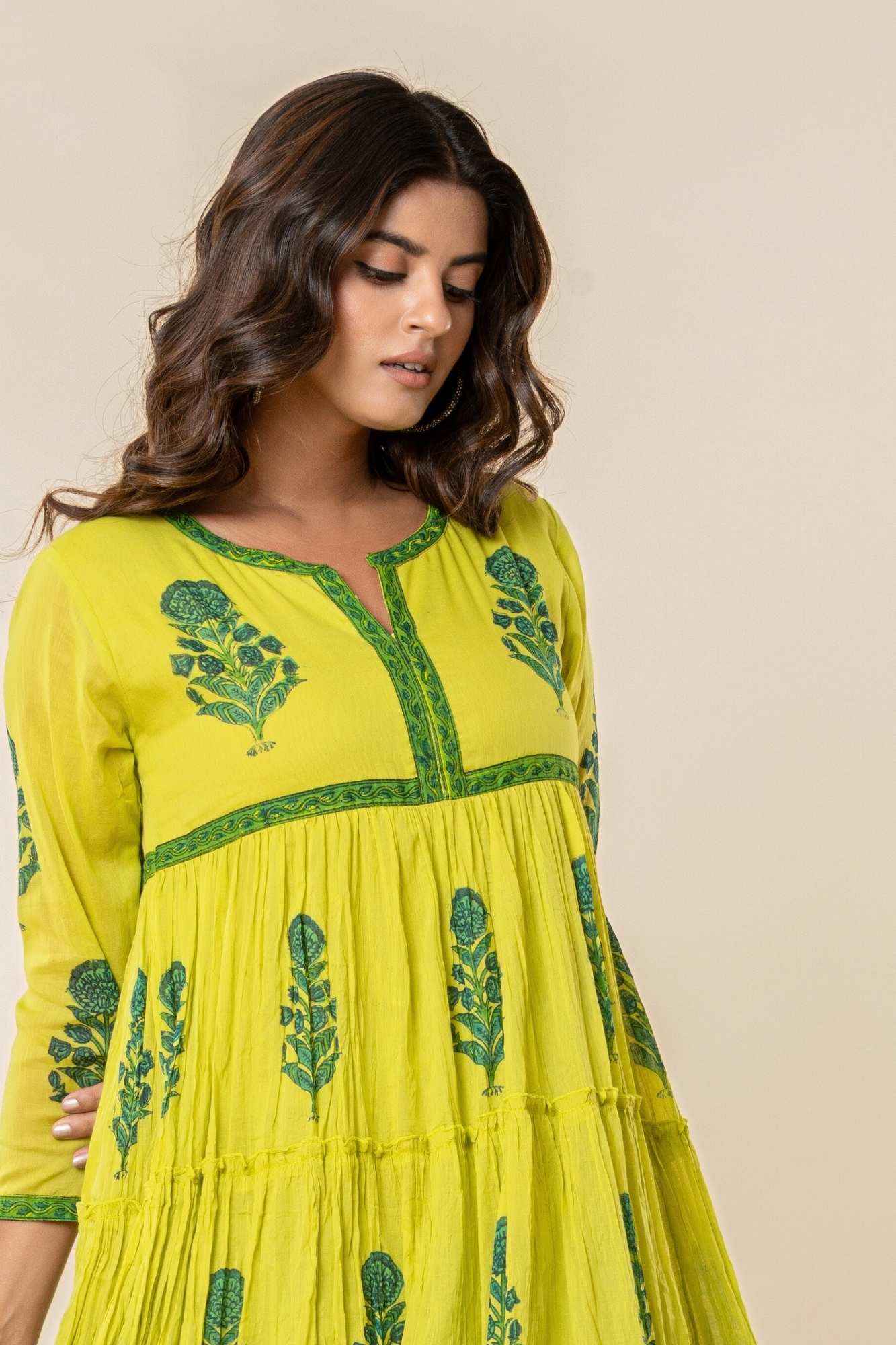 Bright Lime Green Mulmul Tiered Kurta
