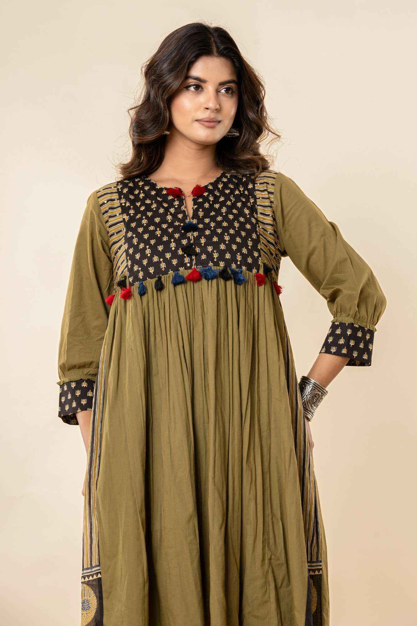 Olive Gathered Kurta Set with Tassels