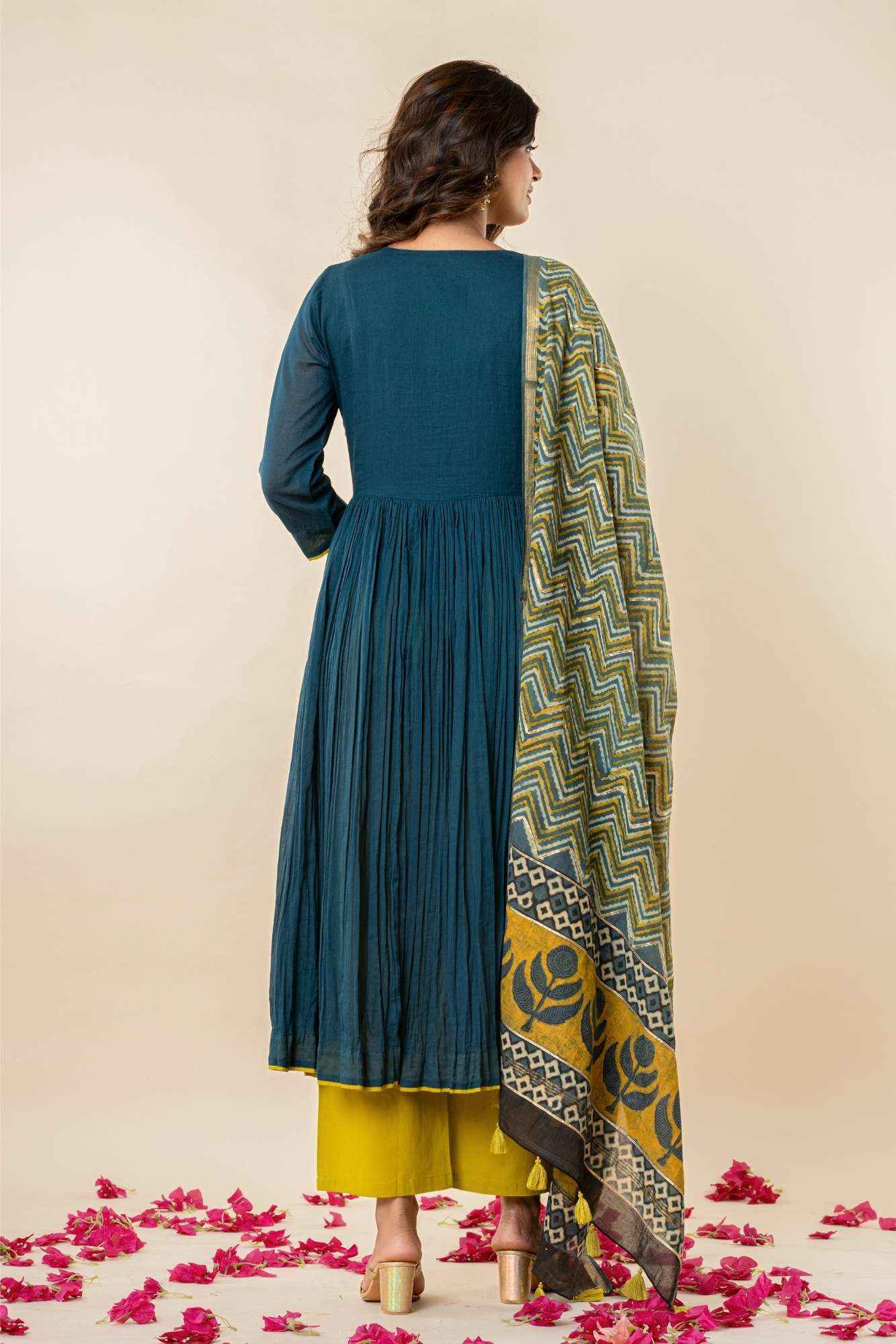 Teal Blue Kurti Pant Set with Vanaspati printed Dupatta (Set of 3)