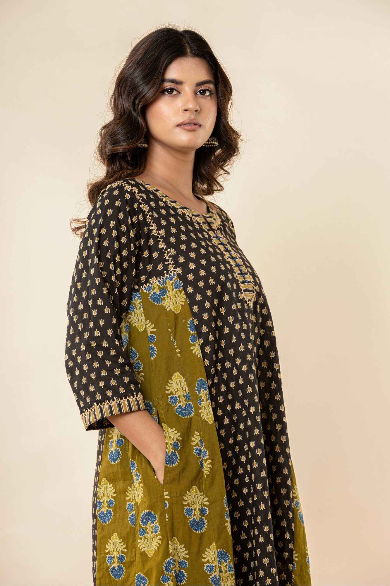 Olive & Black A-Line Cotton Kurta with Sequins