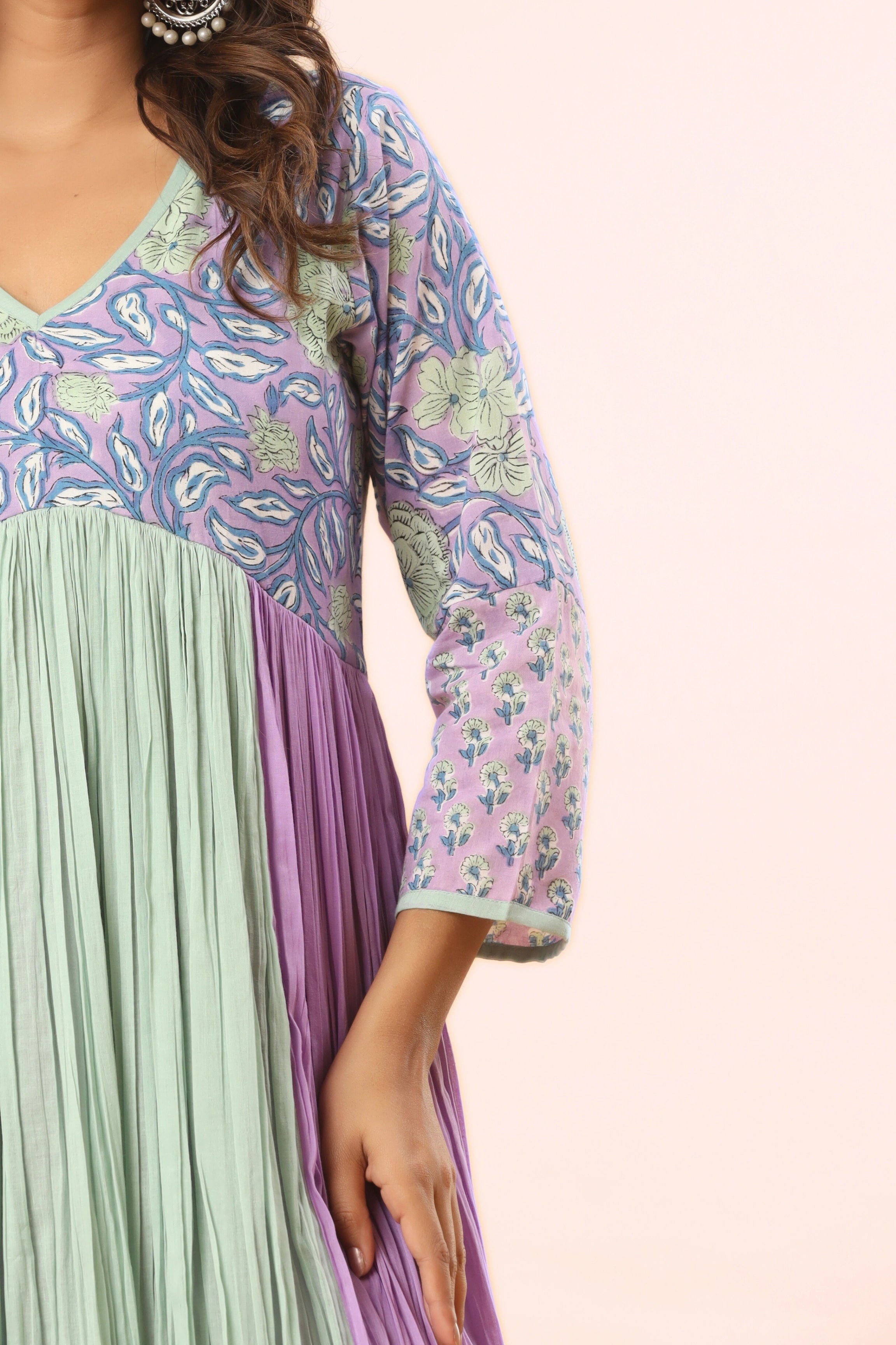 Lavender & Seafoam Floral Block Print Crinkle Anarkali (Pants included)