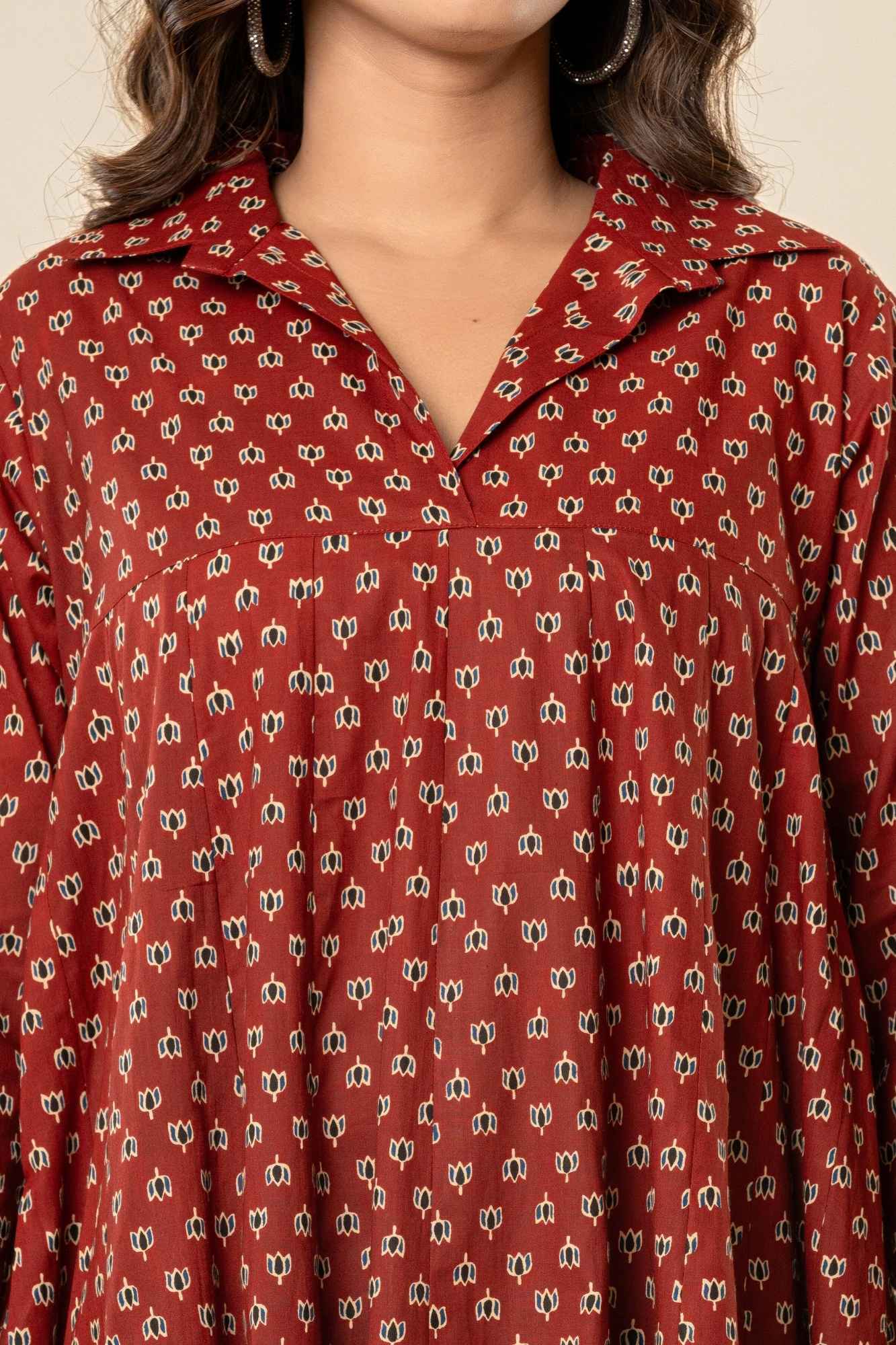 Maroon Collared A-Line Cotton Kurta