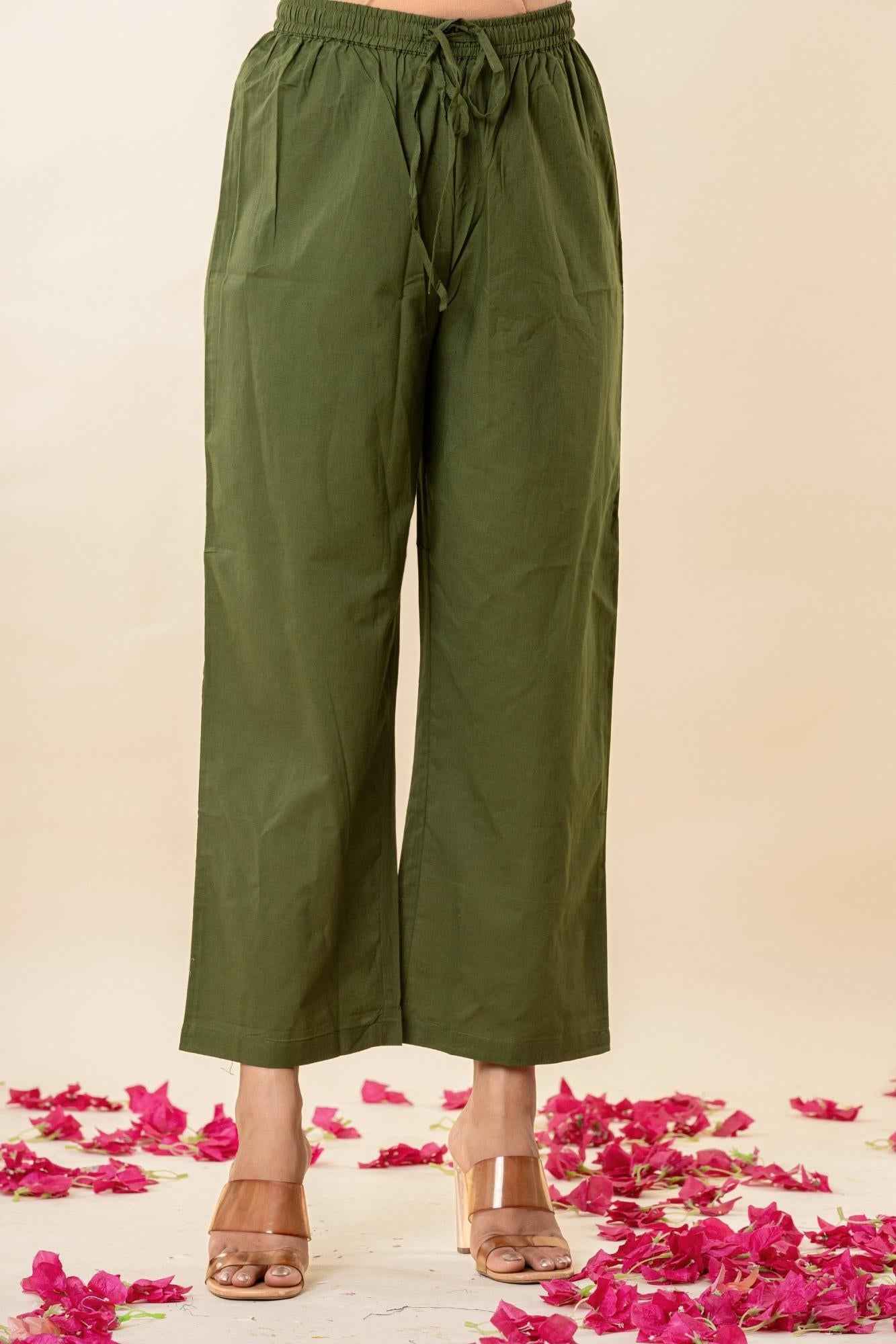 Olive Gathered Kurta Set with Printed Yoke