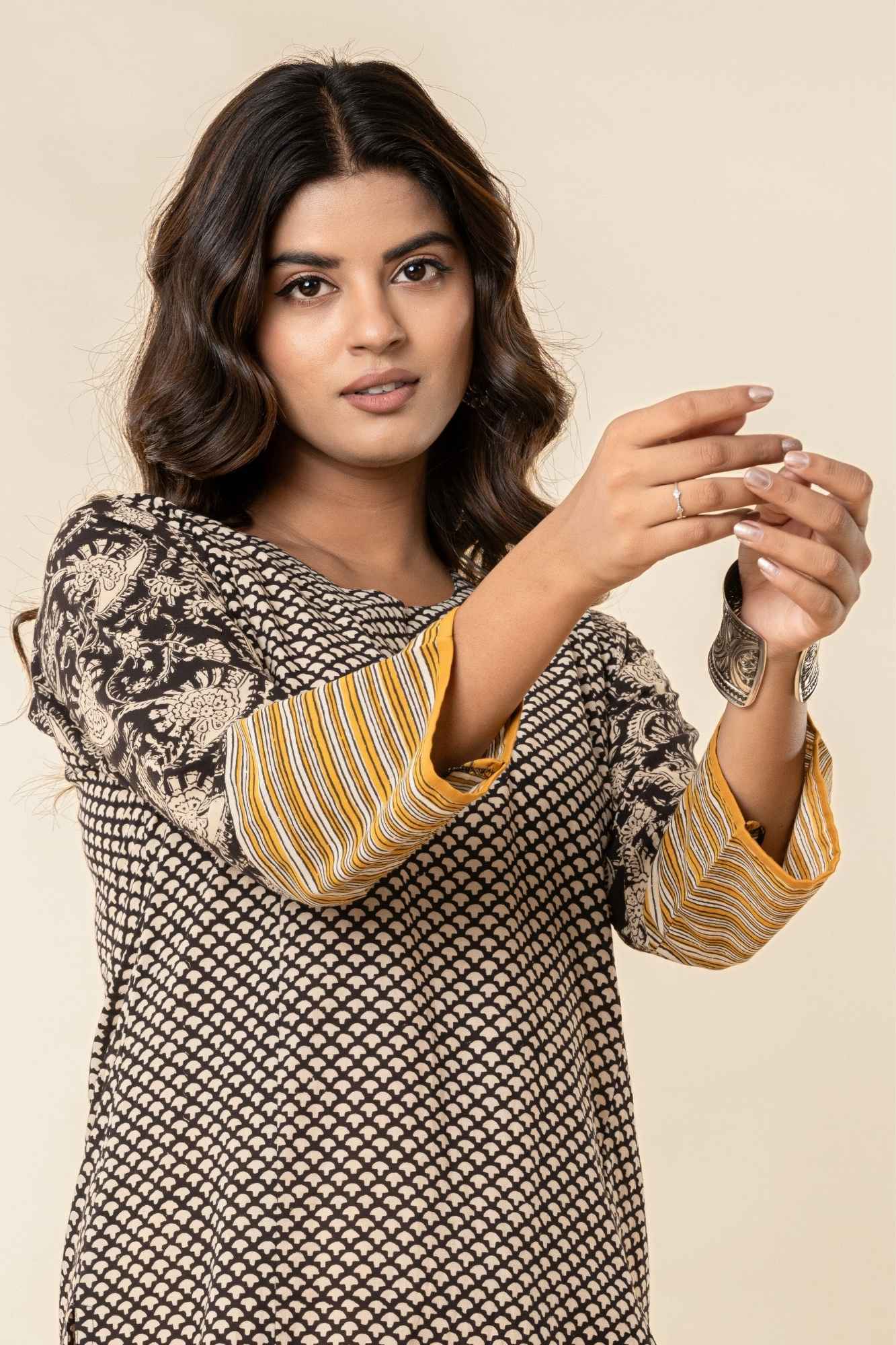 Black Cotton Straight Kurta Set with Patchwork Sleeves (Set of 2)