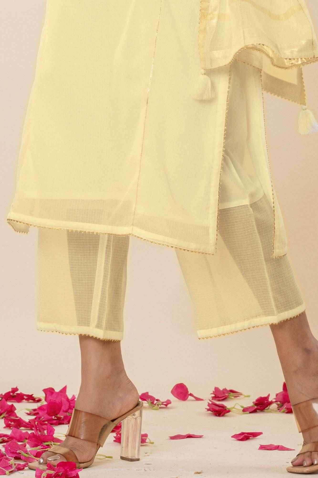 Butter yellow Kota Doria Gota Patti Kurta (Set of 3)