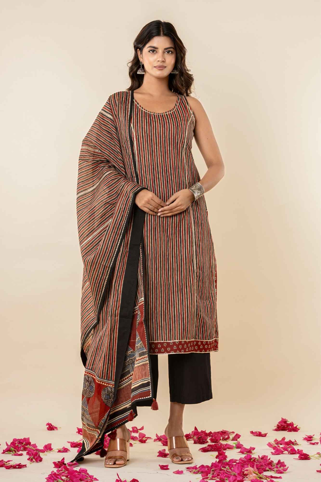 Striped Cotton Sleeveless Kurta Set with Dupatta (Set of 3)