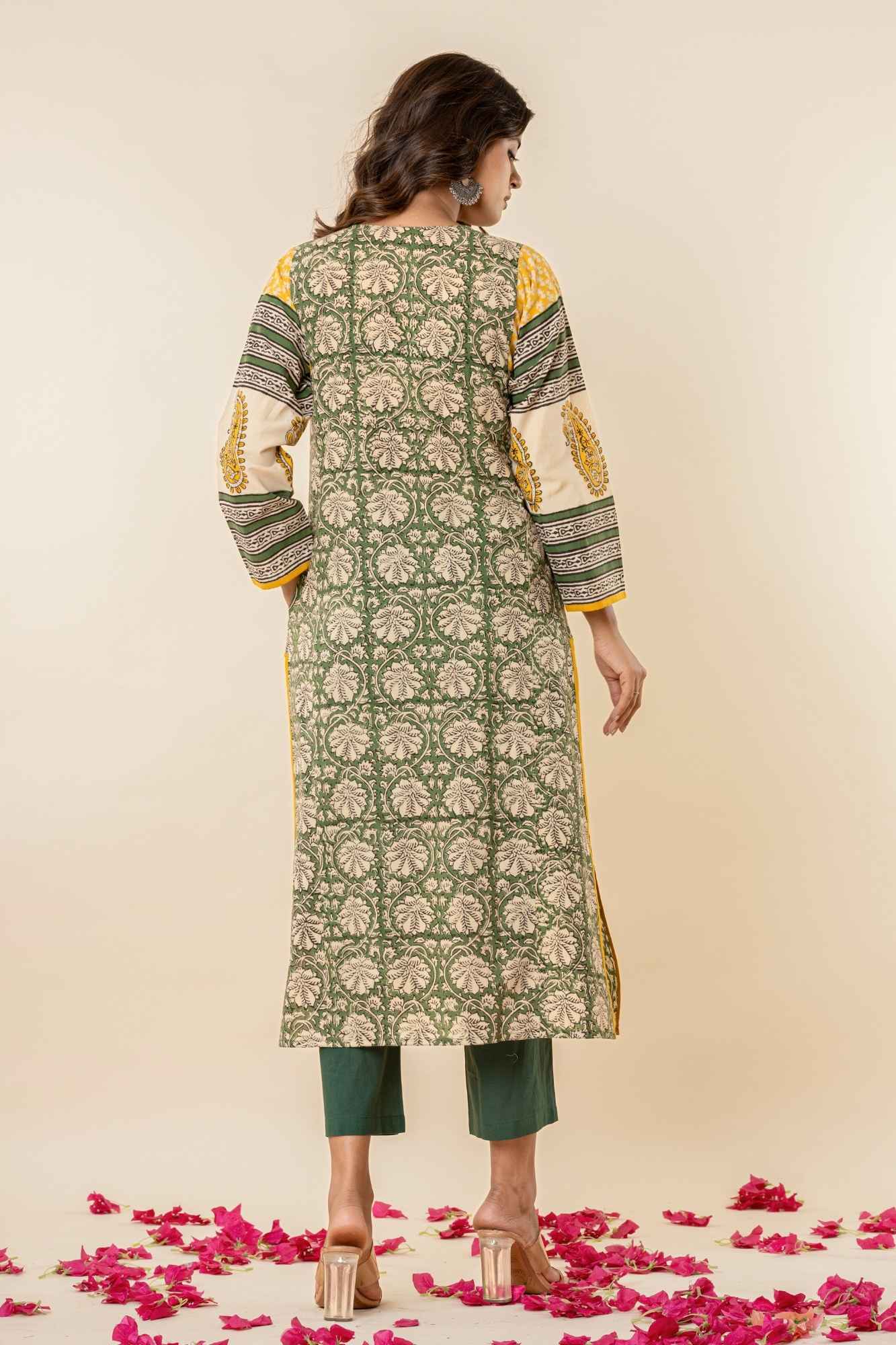Green & Yellow Bagru Print Cotton Kurta Set