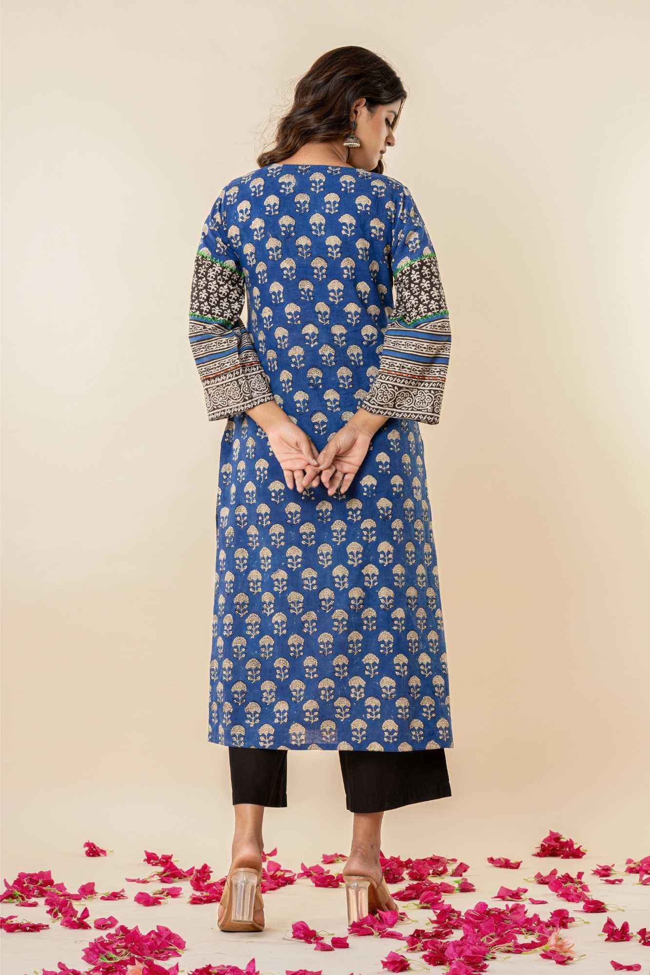 Blue Sanganeri Print Straight Cotton Kurta
