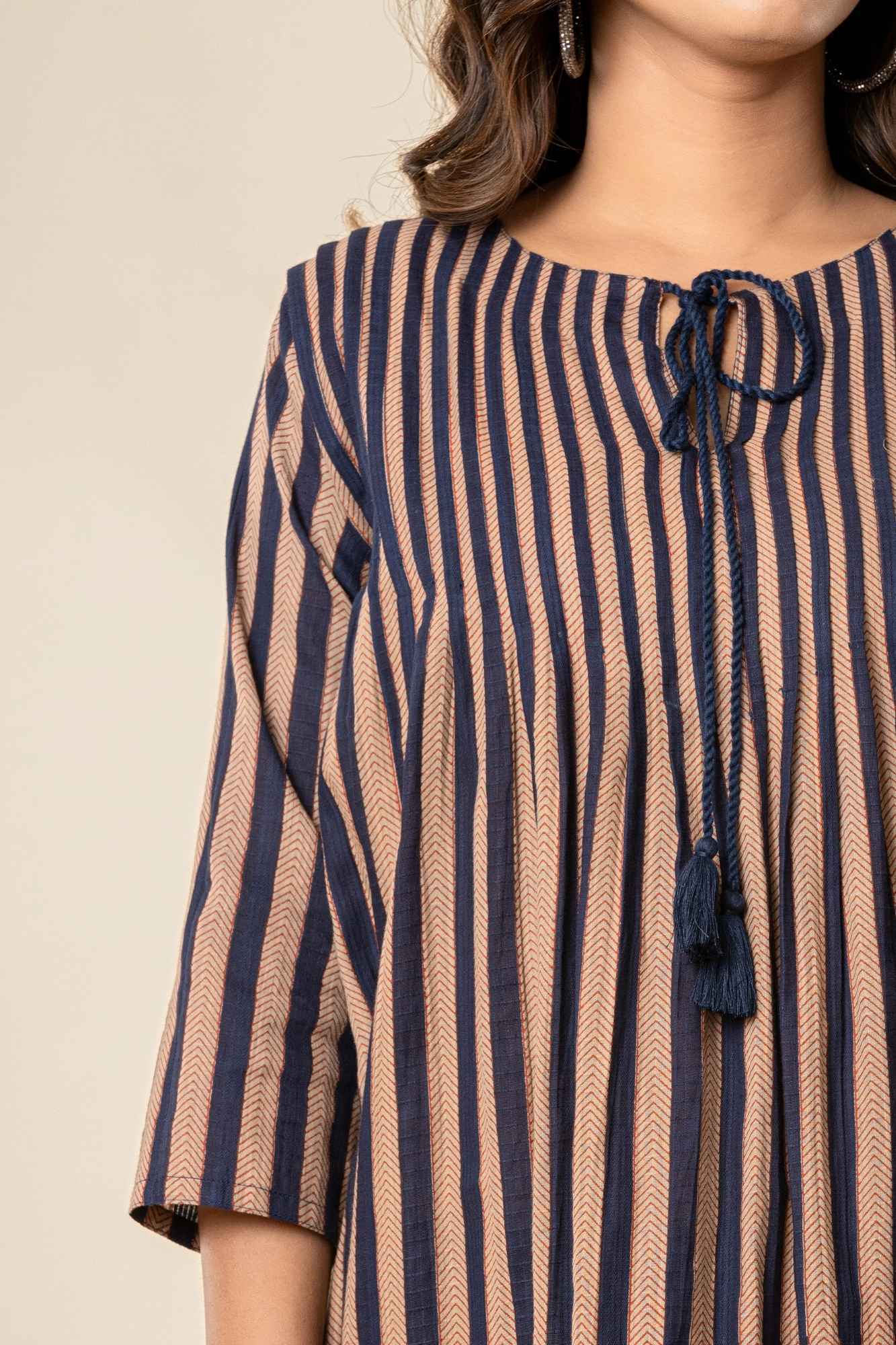 Striped A-Line Cotton Kurta with Tassel Tie-Up