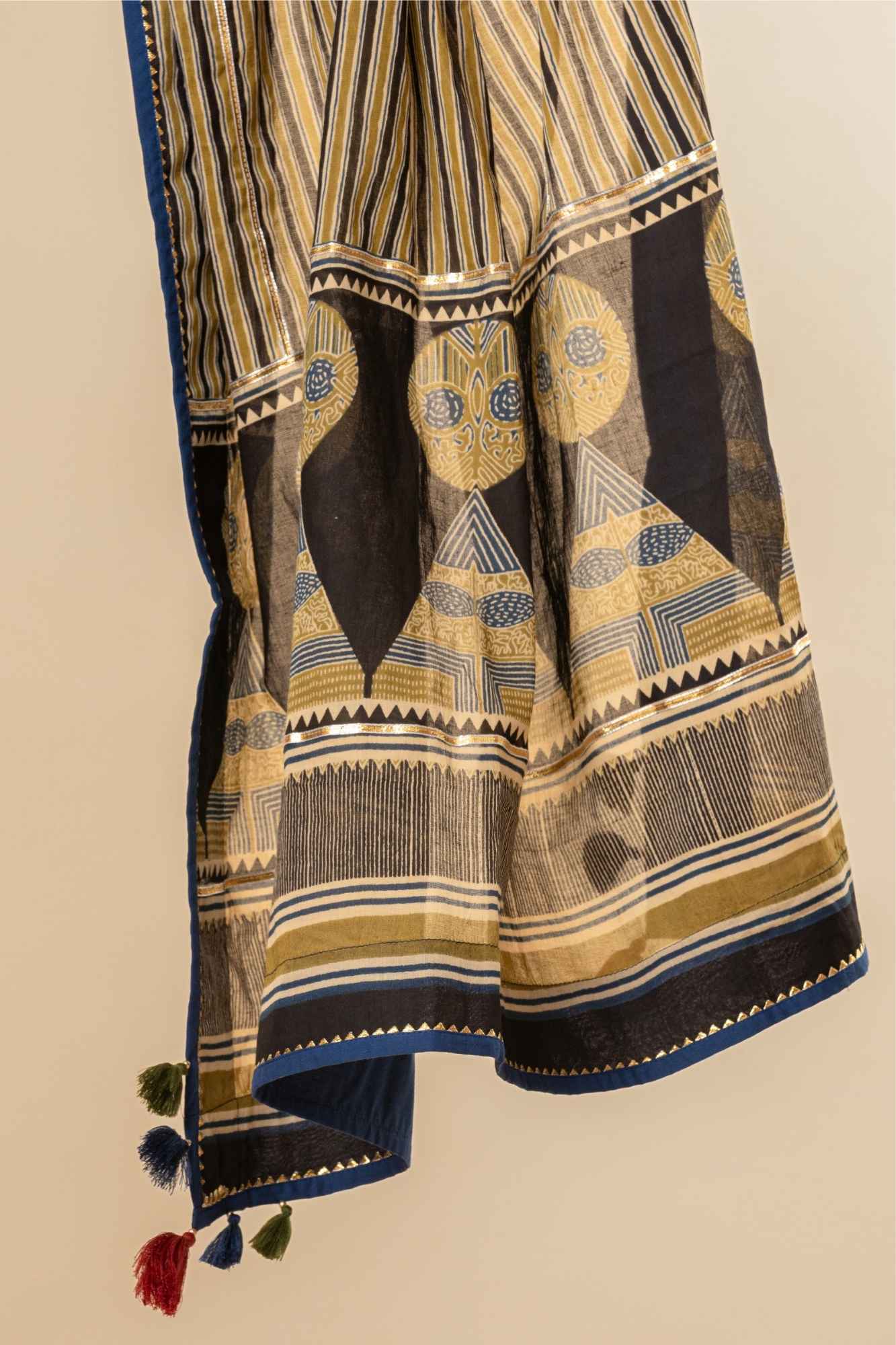 Ajrakh Printed Striped A-Line Kurti Pant Set with Dupatta