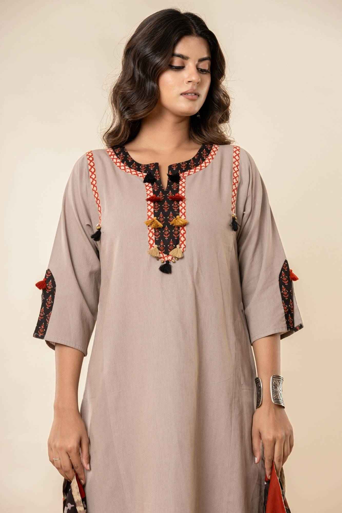 Taupe Cotton Kurta Set with Printed Dupatta (Set of 3)