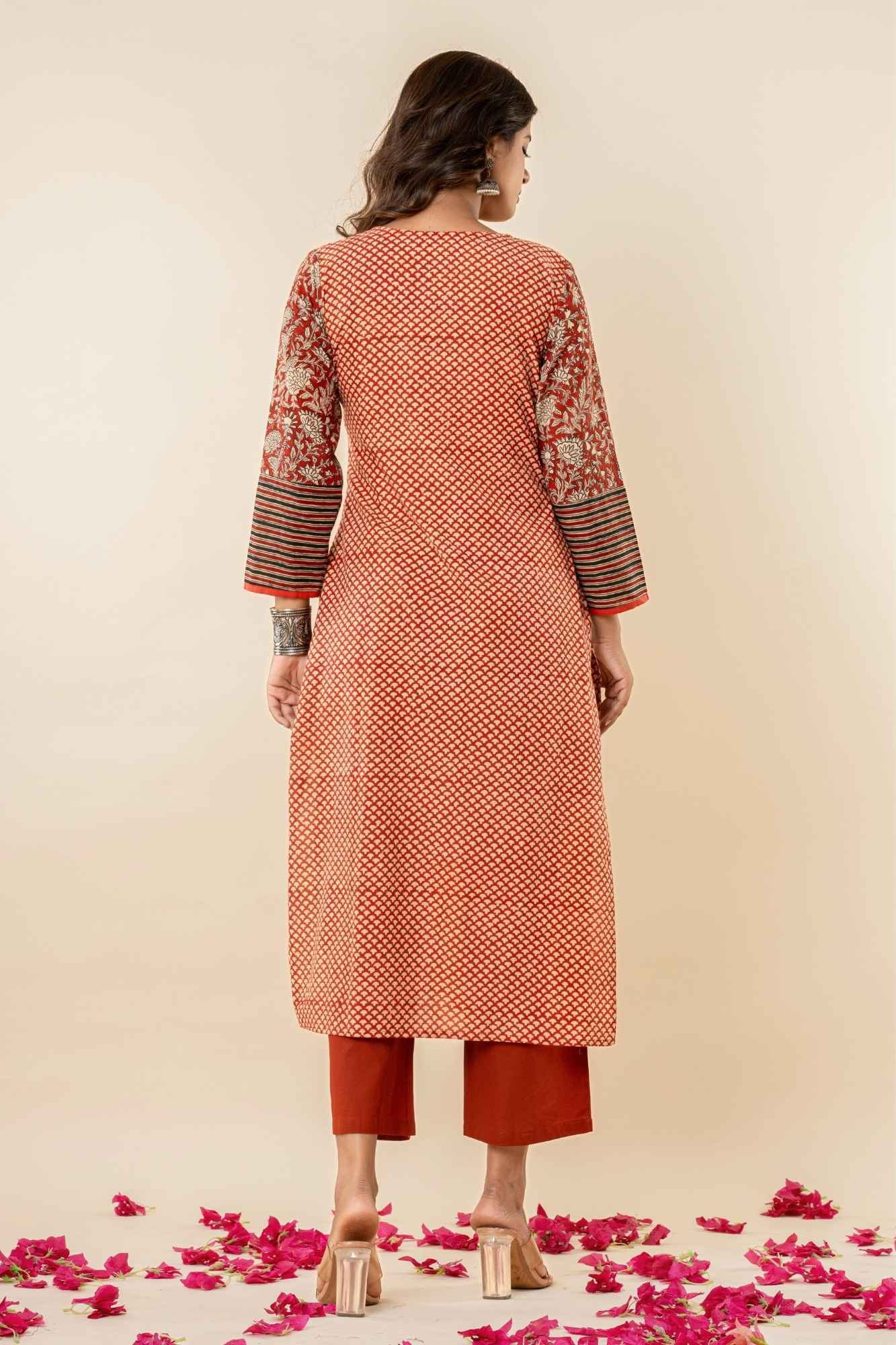 Rust Cotton Straight Kurta Set with Patchwork Sleeves (Set of 2)