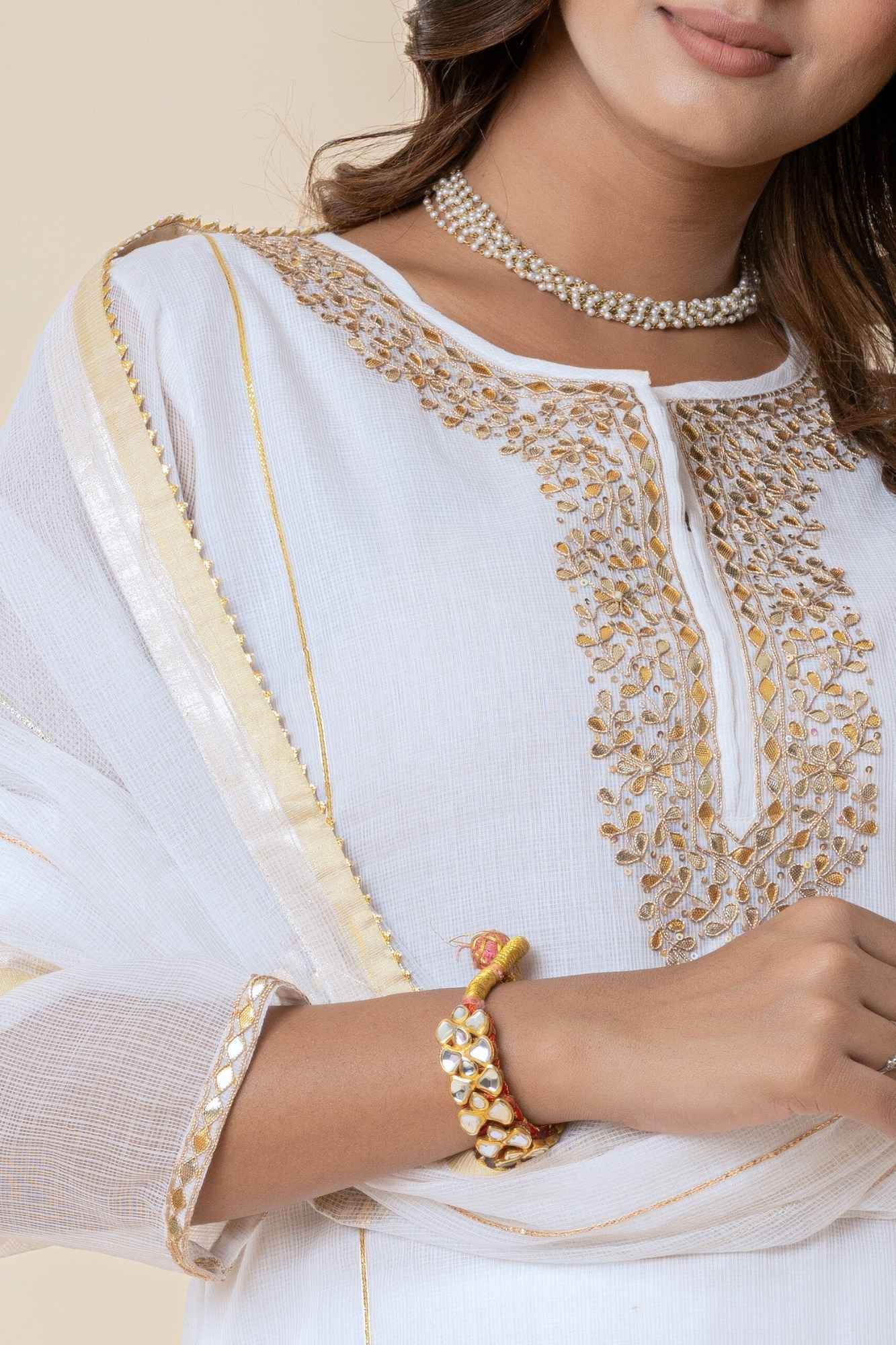 White Kota Doria Gota Patti Kurta (Set Of 3)