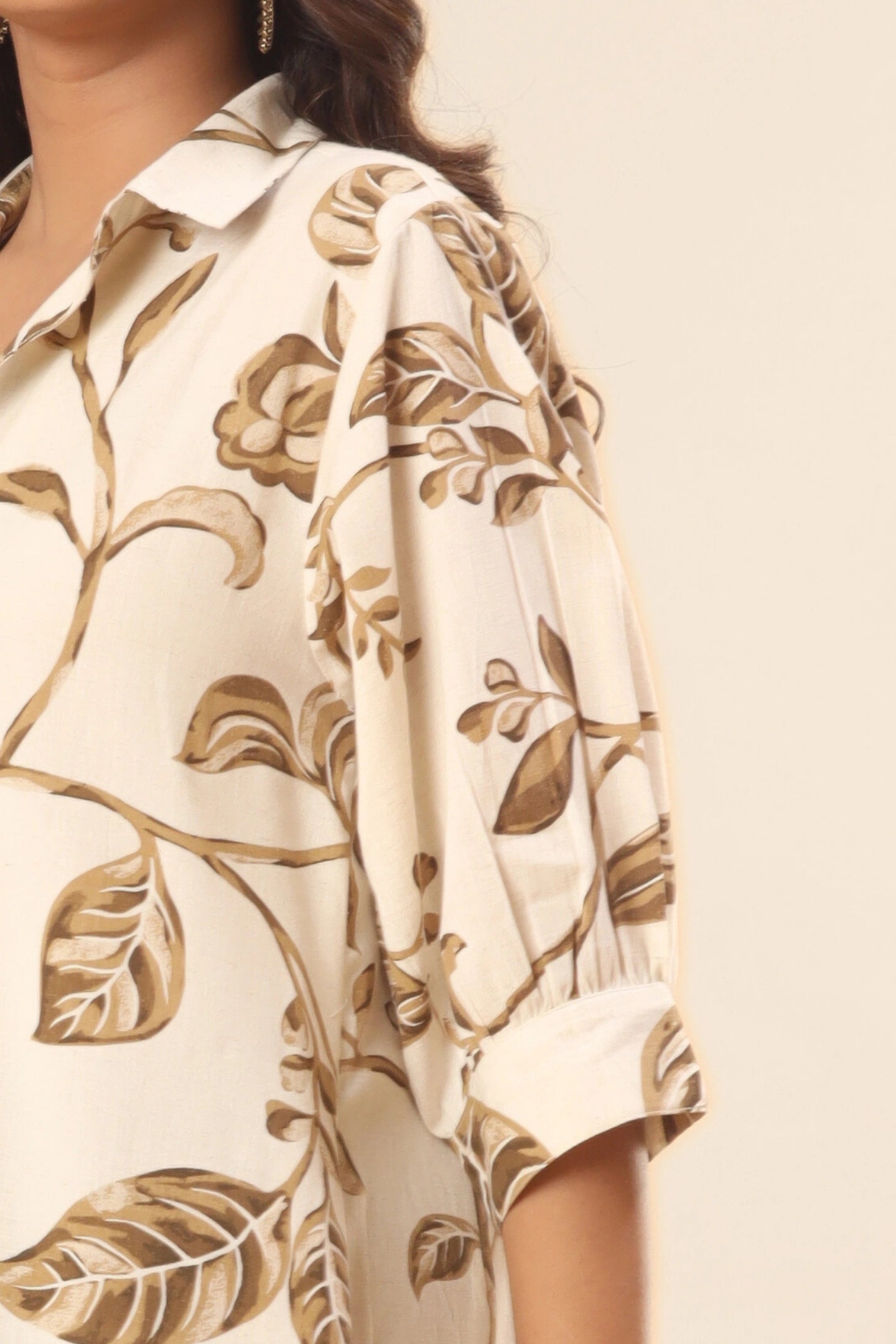 Gulnaar Floral A-Line Kurti – Earth Beige (Pants included)