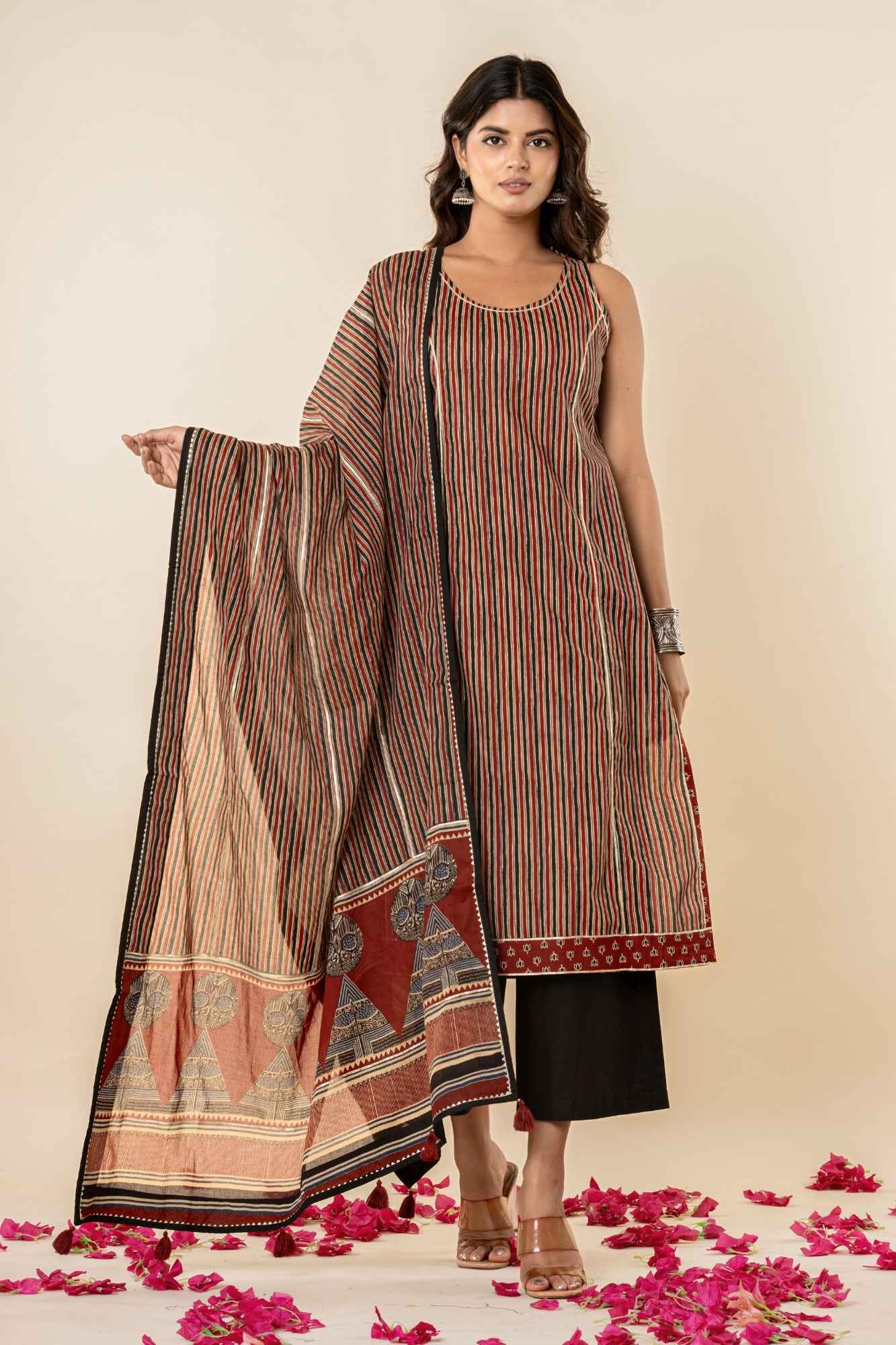 Striped Cotton Sleeveless Kurta Set with Dupatta (Set of 3)