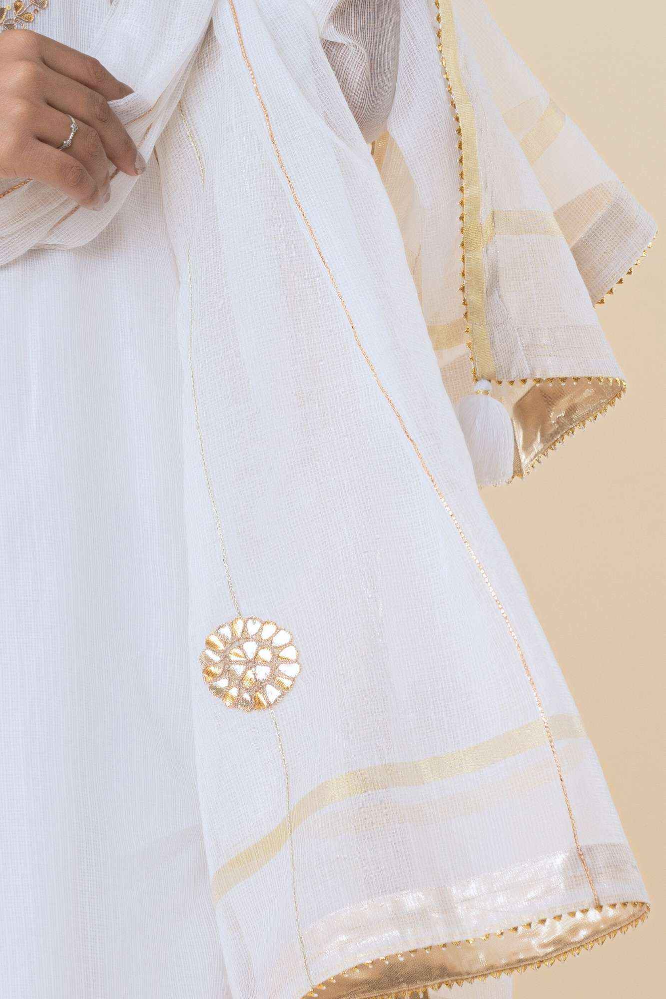 White Kota Doria Gota Patti Kurta (Set Of 3)