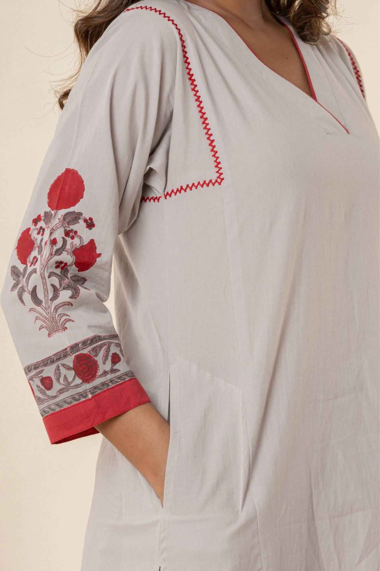 Light Grey Cotton Straight Kurta Set with Red Pants & Printed Dupatta (Set of 3)