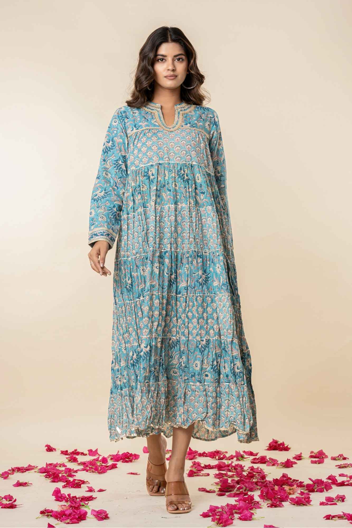 Blue Block Print Tiered Dress
