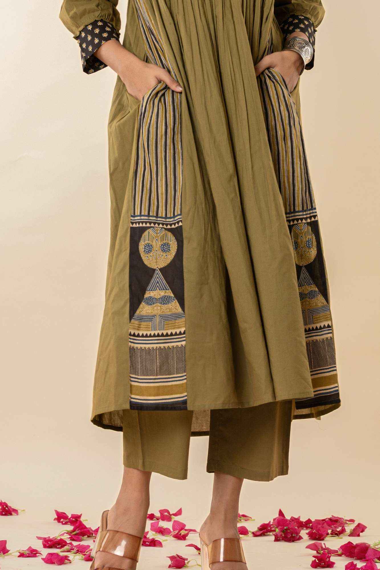 Olive Gathered Kurta Set with Tassels