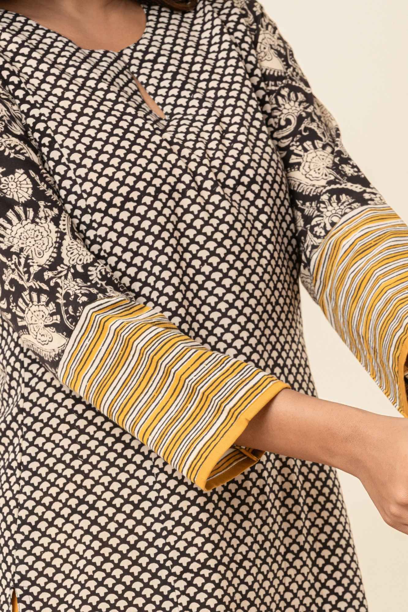 Black Cotton Straight Kurta Set with Patchwork Sleeves (Set of 2)