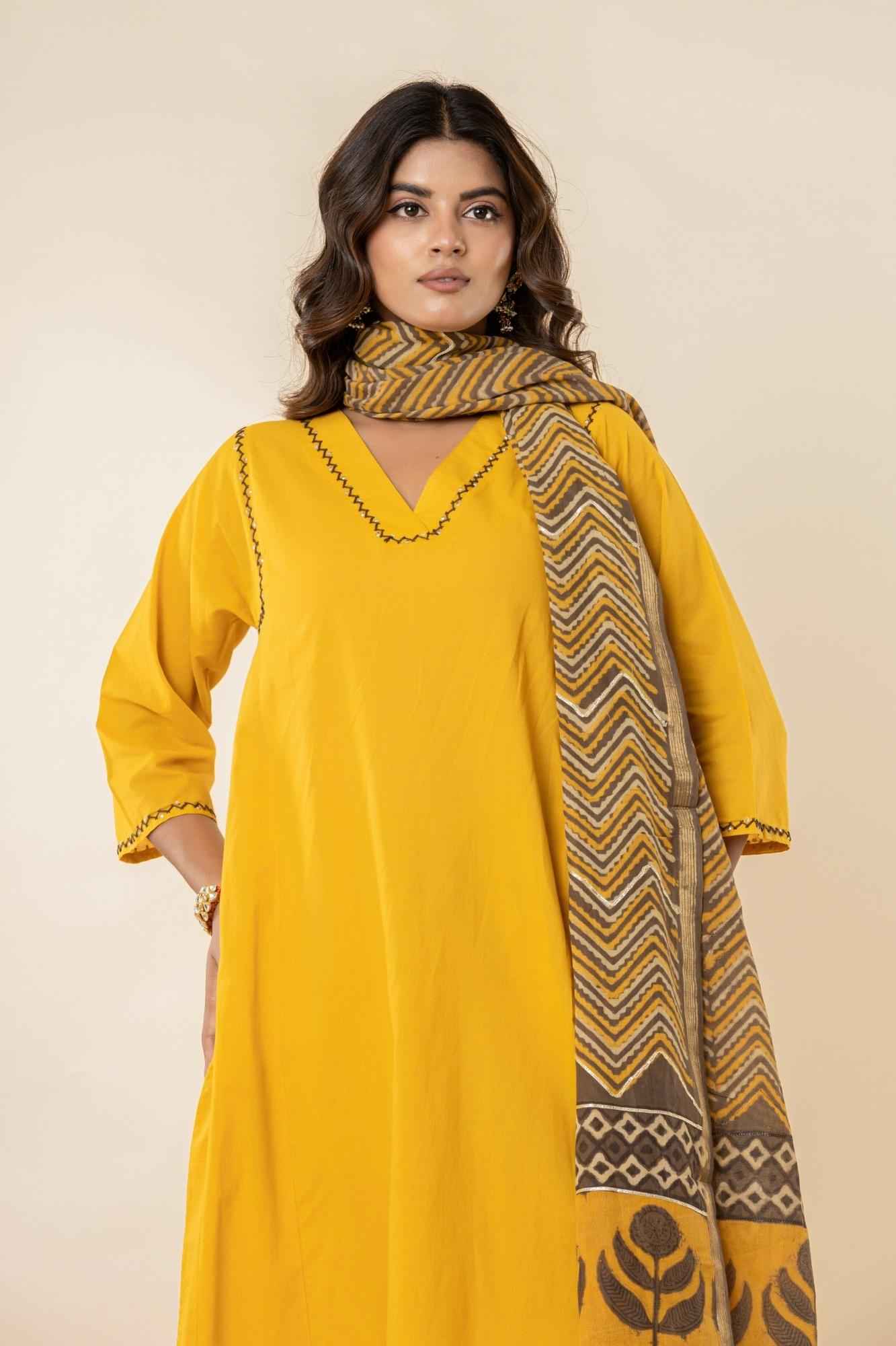 Golden Mustard A-Line Kurti Pant Set with Vanaspati Dupatta