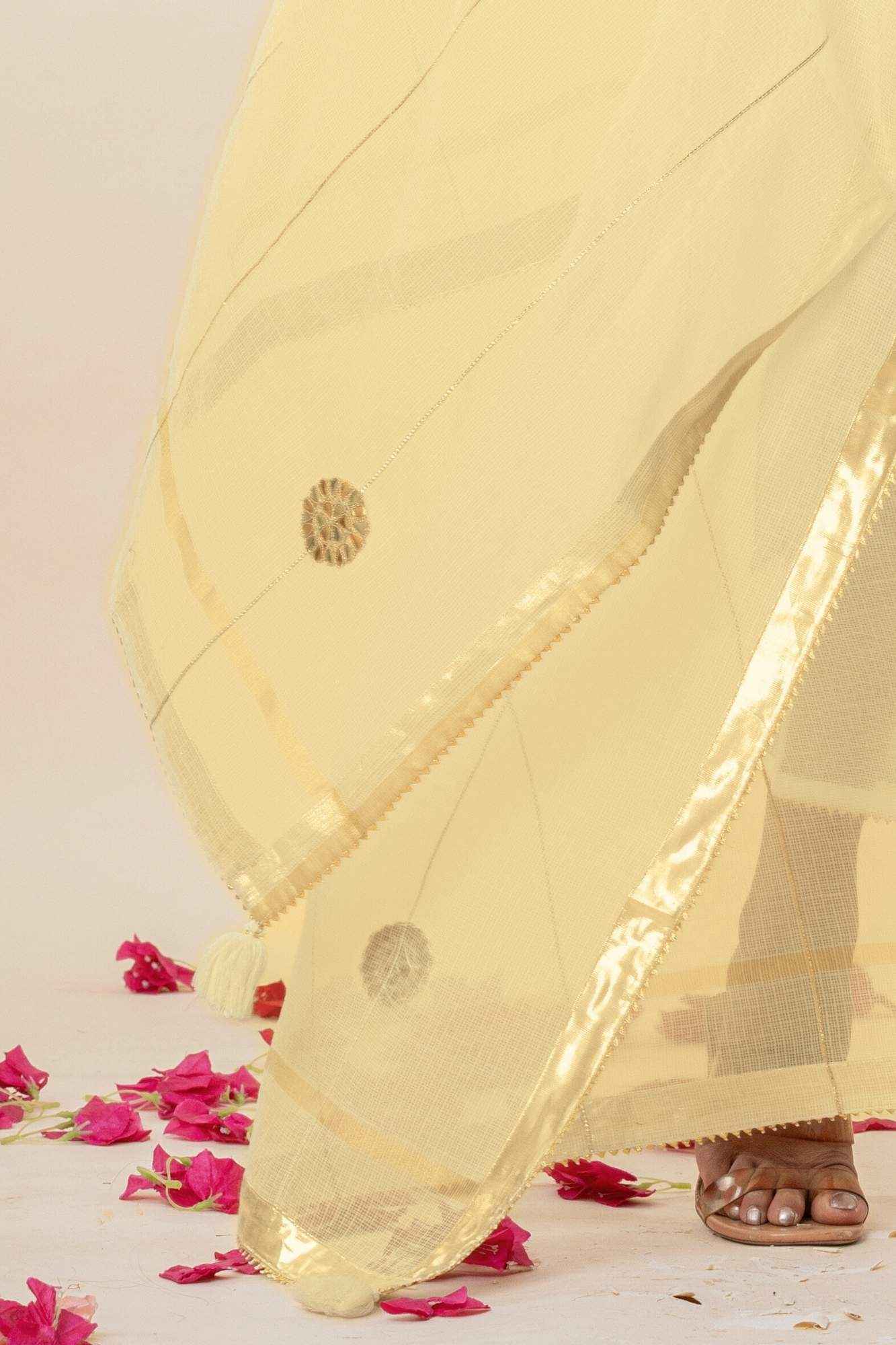 Butter yellow Kota Doria Gota Patti Kurta (Set of 3)