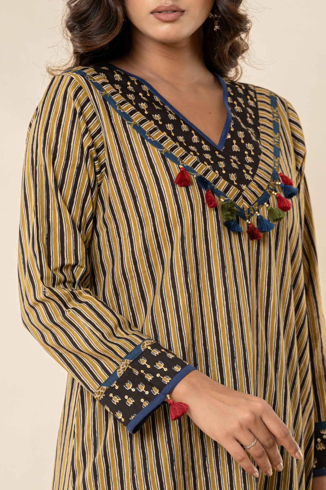 Ajrakh Printed Striped A-Line Kurti Pant Set with Dupatta