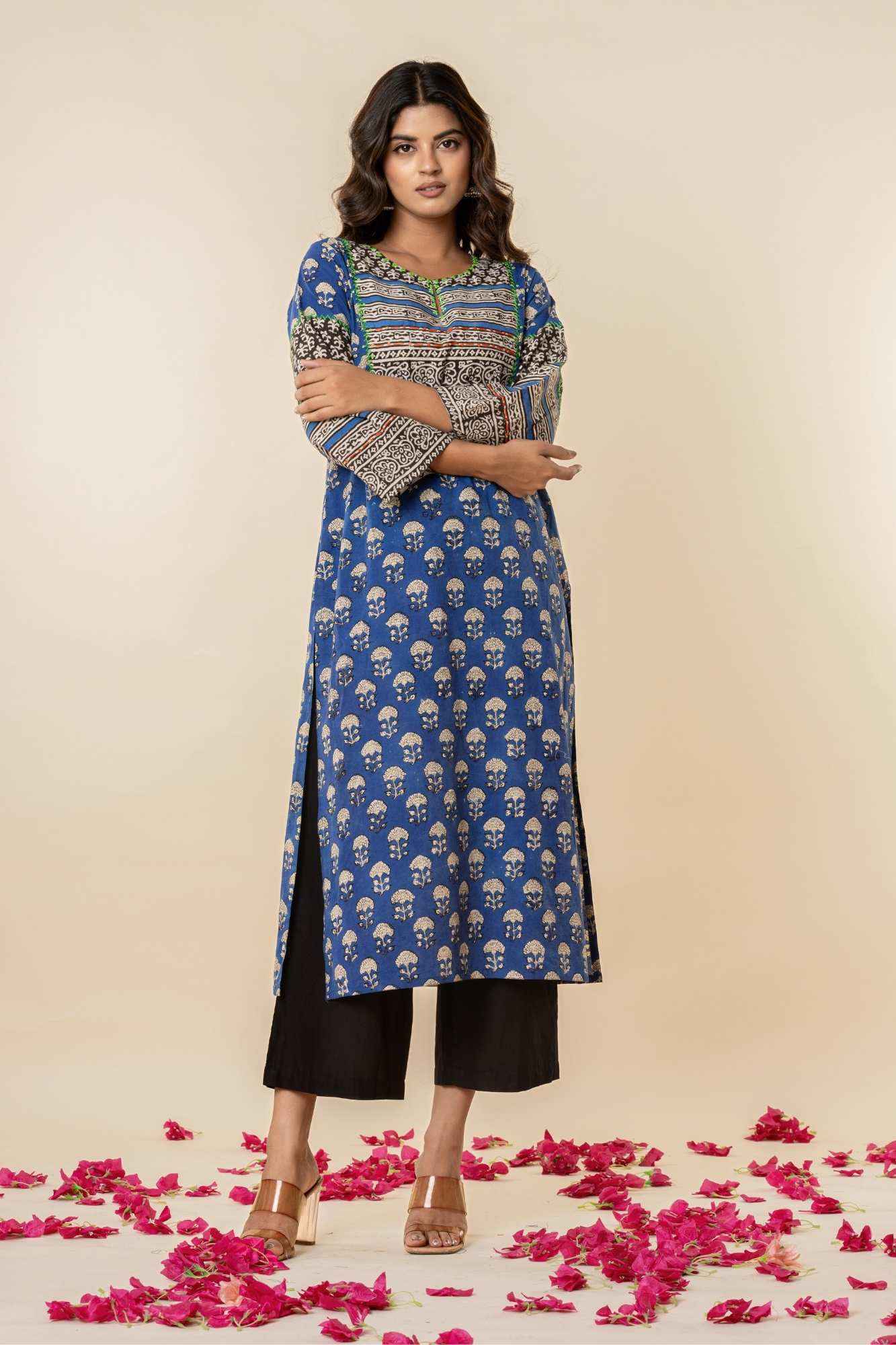 Blue Sanganeri Print Straight Cotton Kurta