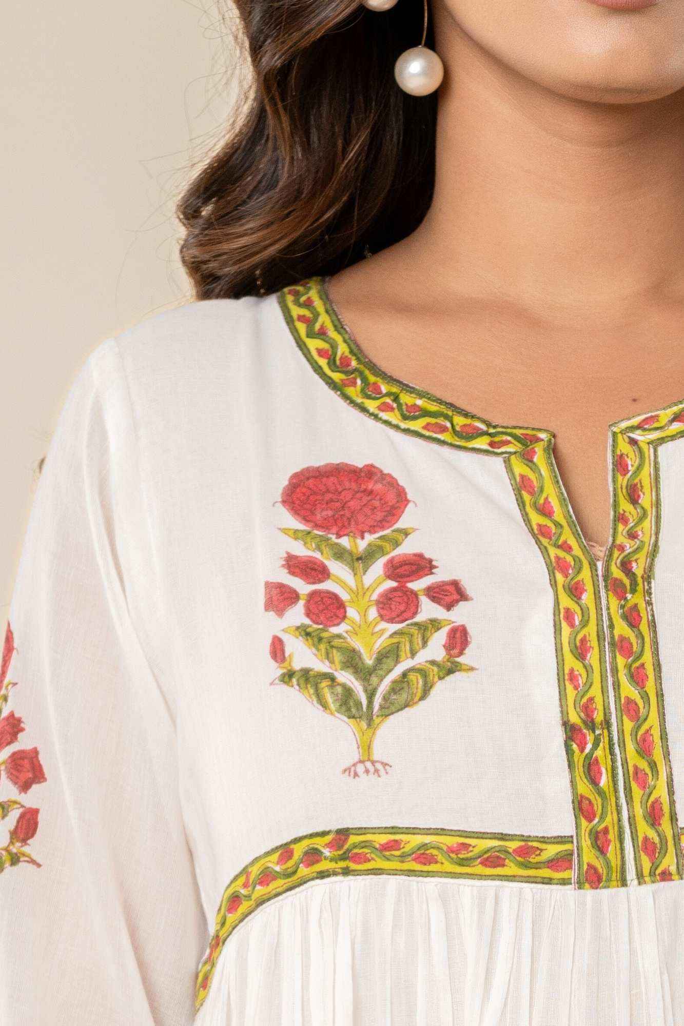 White Floral Block Print Mul Mul Tiered Kurta