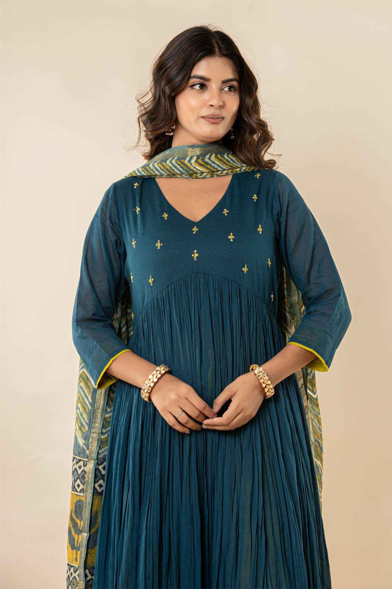 Teal Blue Kurti Pant Set with Vanaspati printed Dupatta (Set of 3)