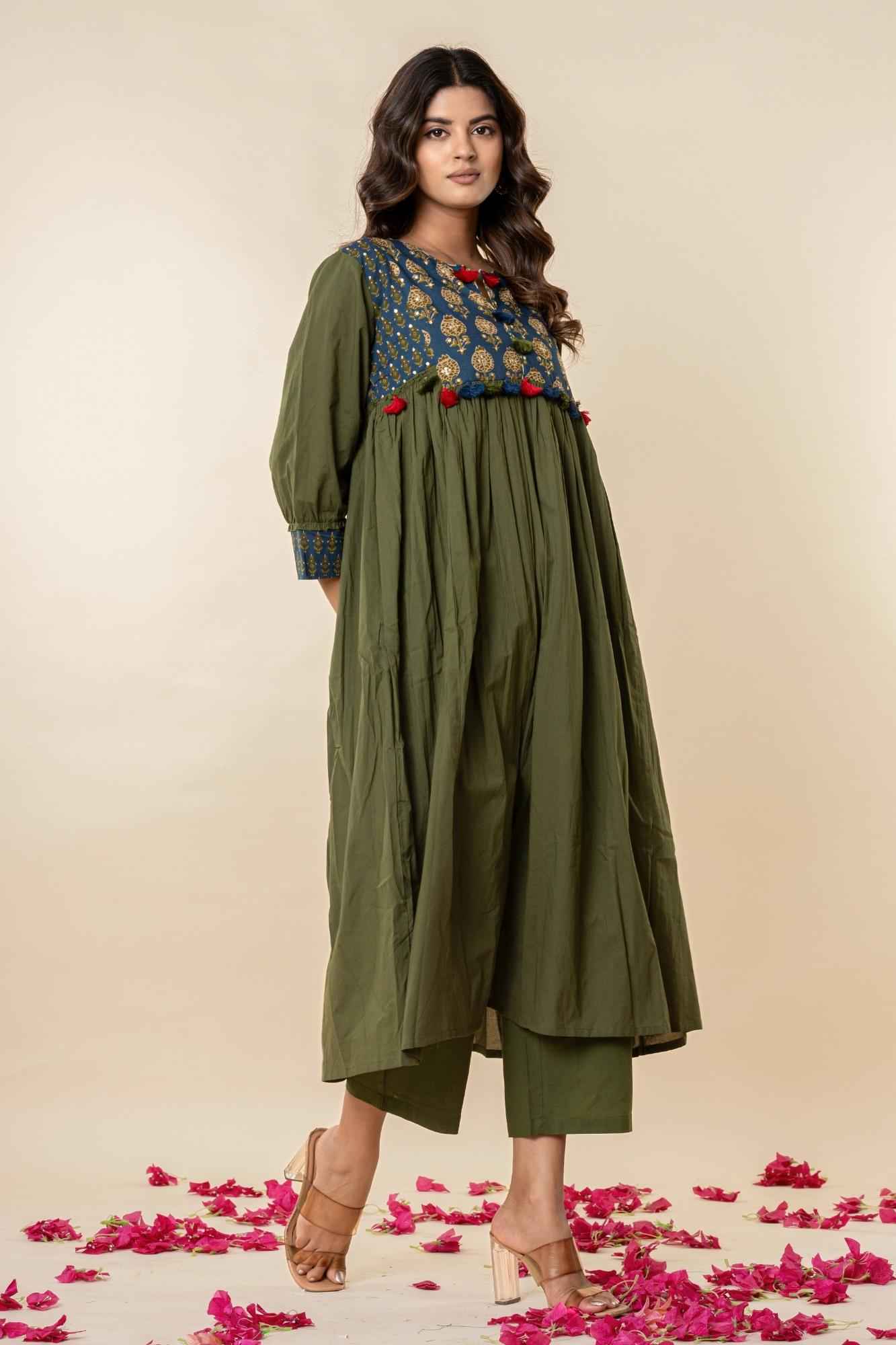 Olive Gathered Kurta Set with Printed Yoke