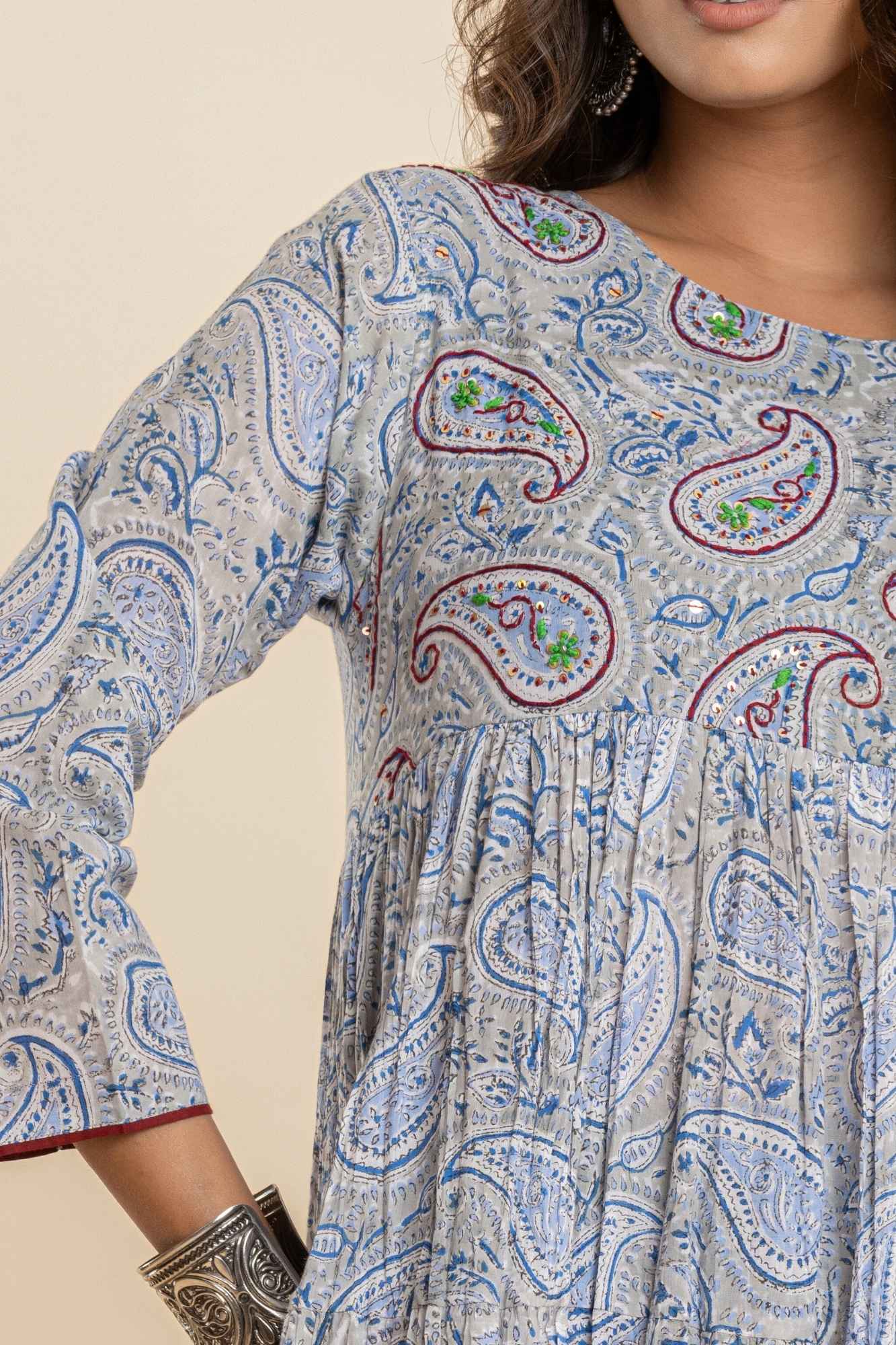 Grey-Blue Block Print Gathered Kurta Set