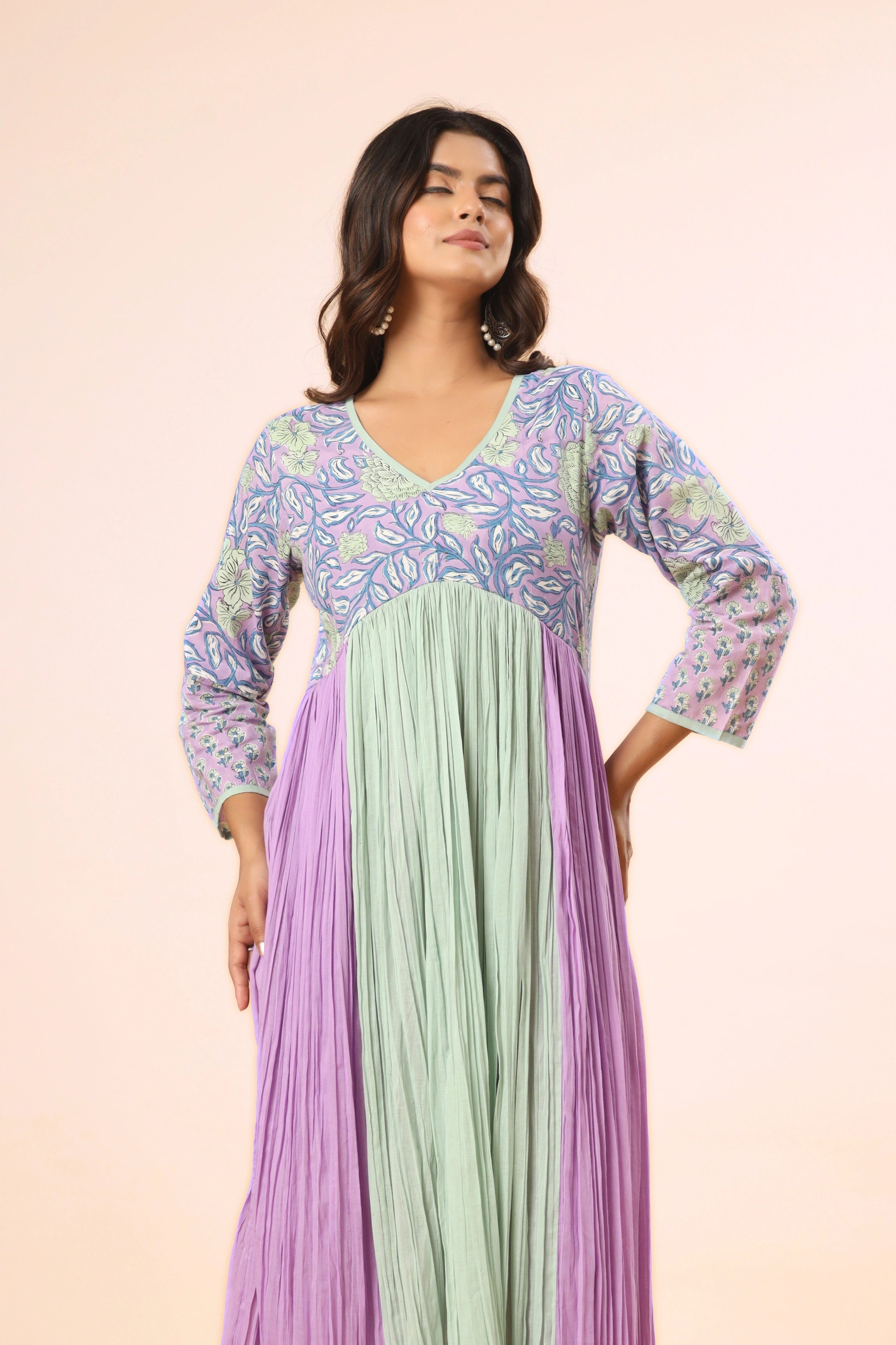 Lavender & Seafoam Floral Block Print Crinkle Anarkali (Pants included)