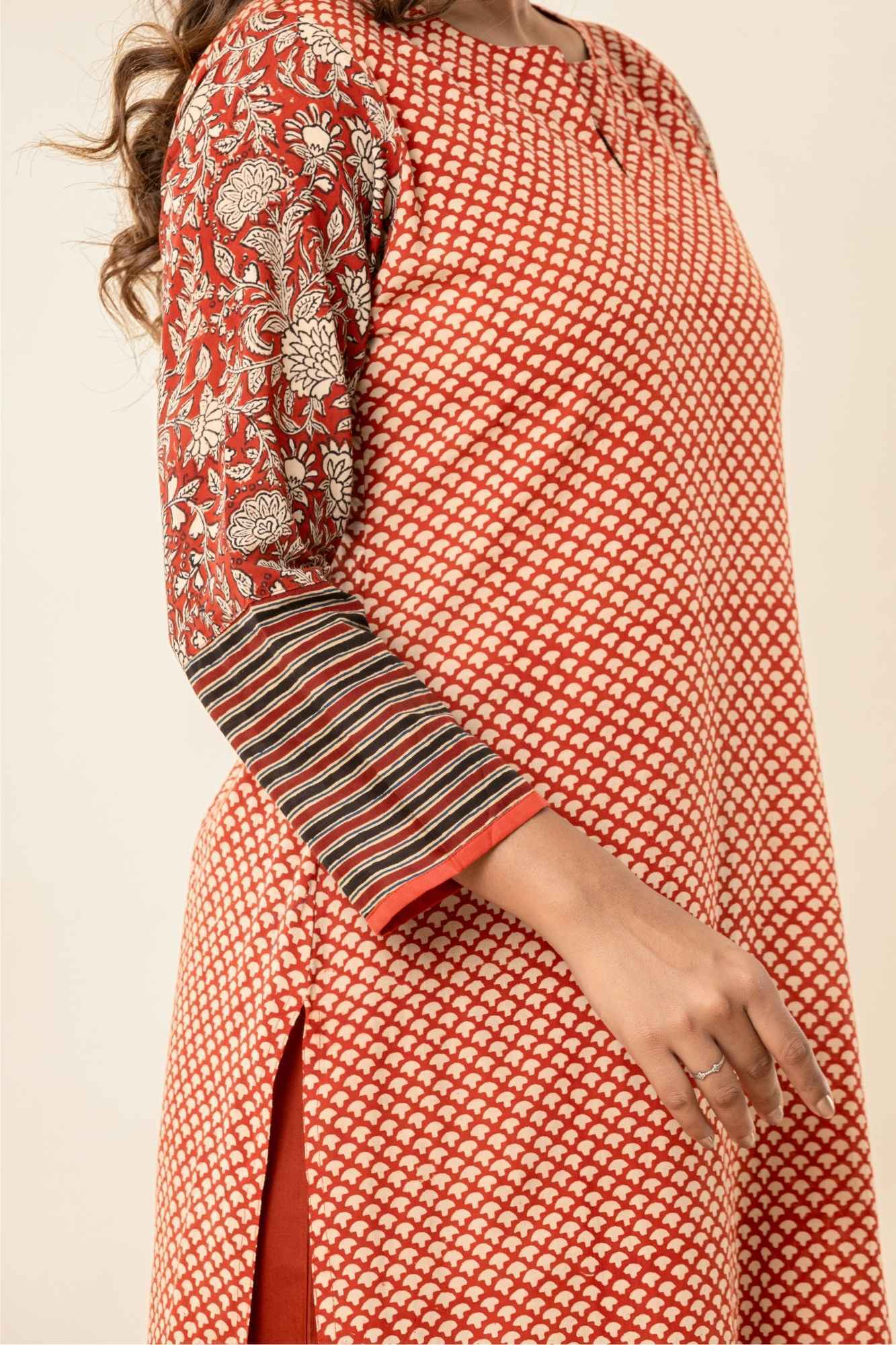 Rust Cotton Straight Kurta Set with Patchwork Sleeves (Set of 2)