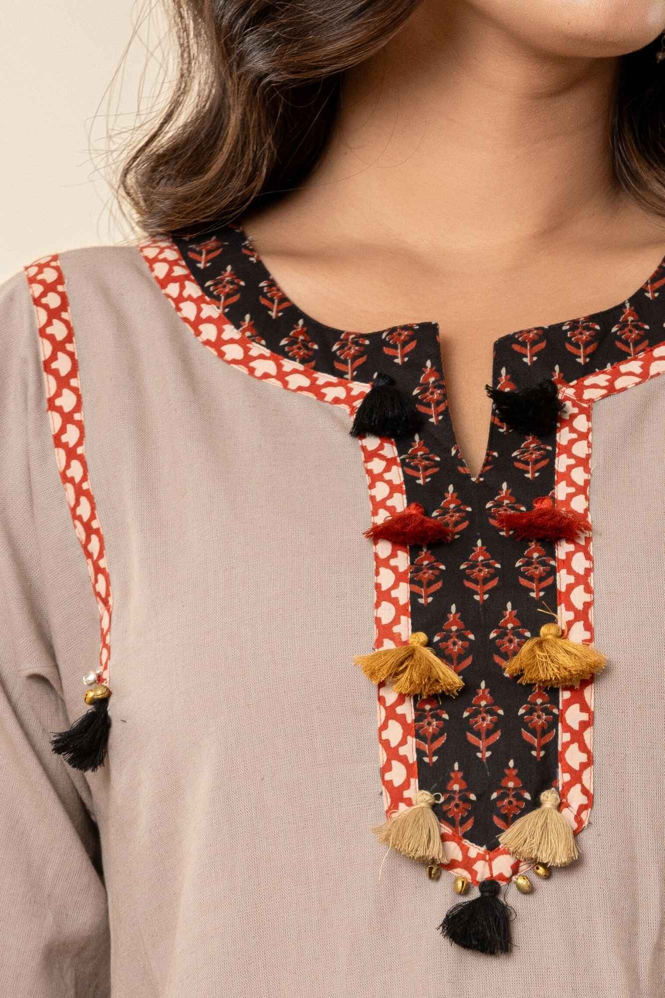 Taupe Cotton Kurta Set with Printed Dupatta (Set of 3)