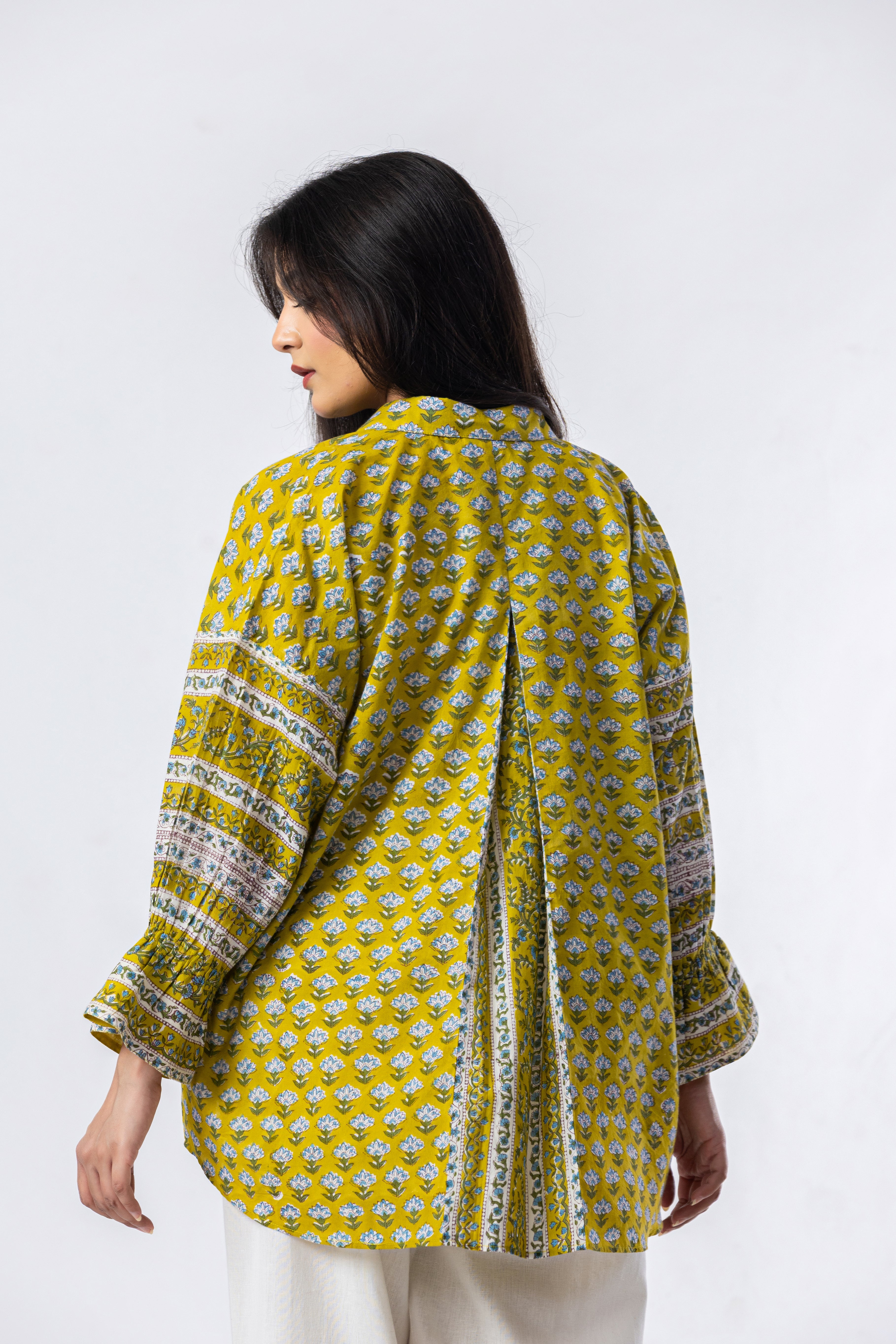 Olive Hand Block Print Oversized Shirt