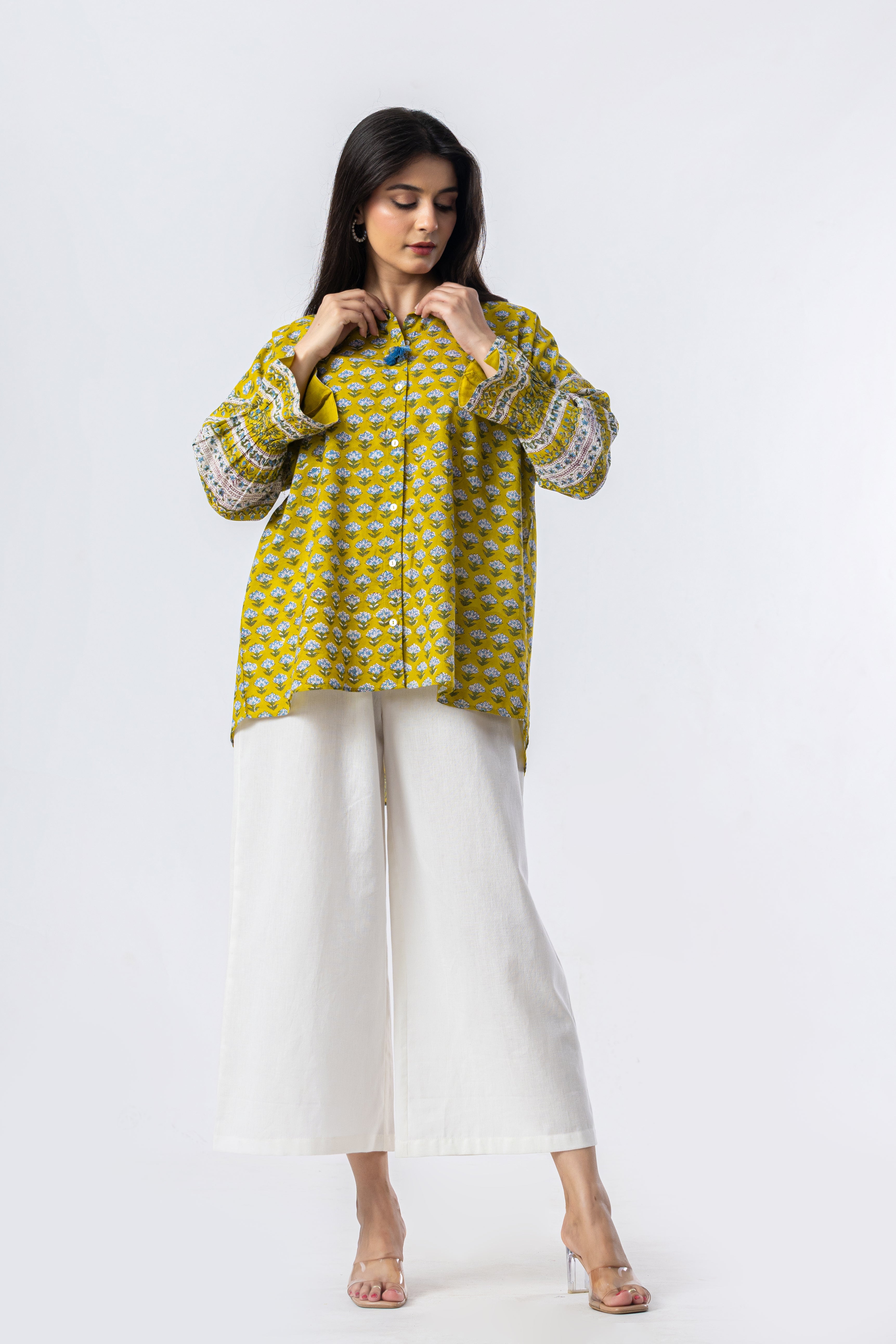 Olive Hand Block Print Oversized Shirt