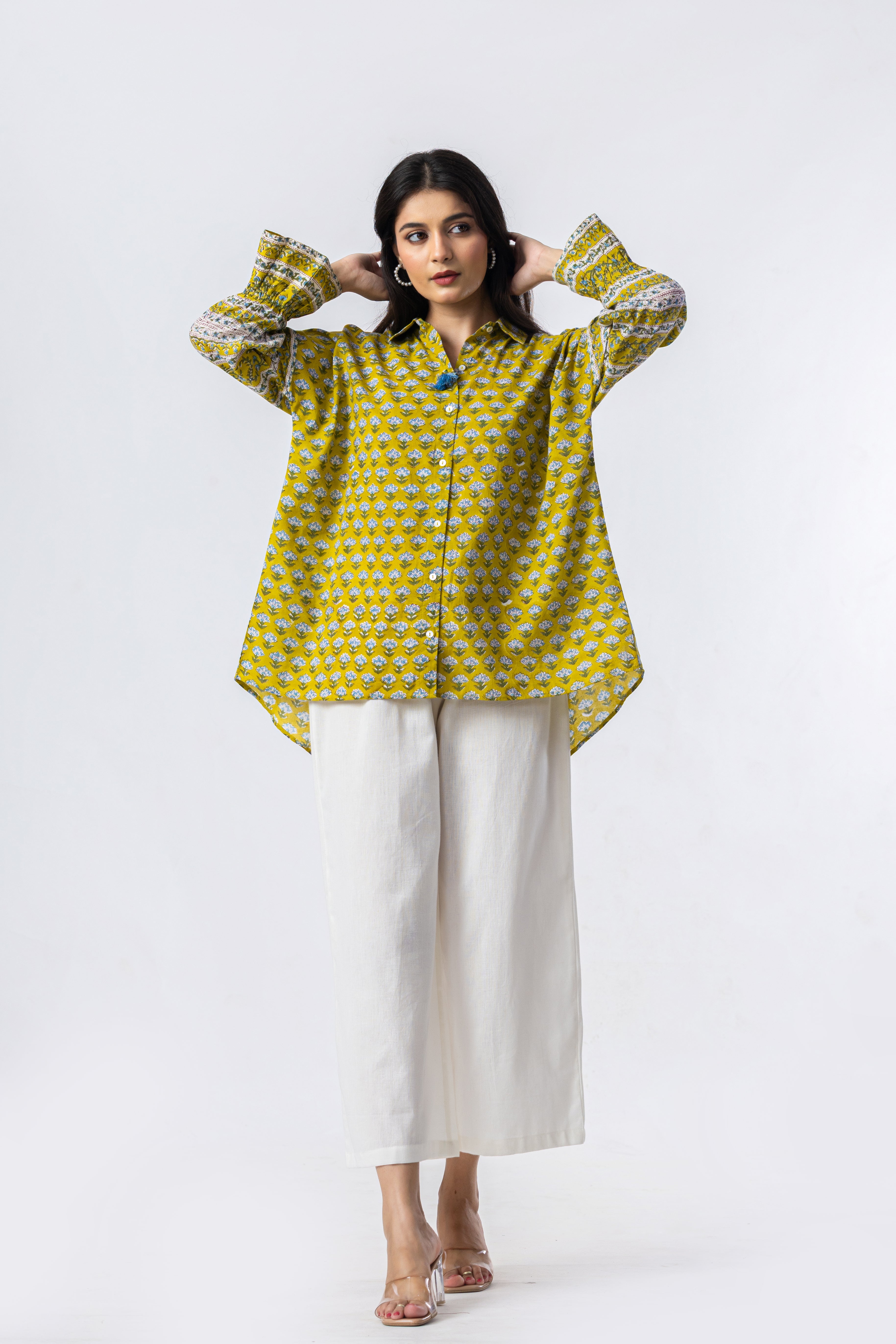 Olive Hand Block Print Oversized Shirt